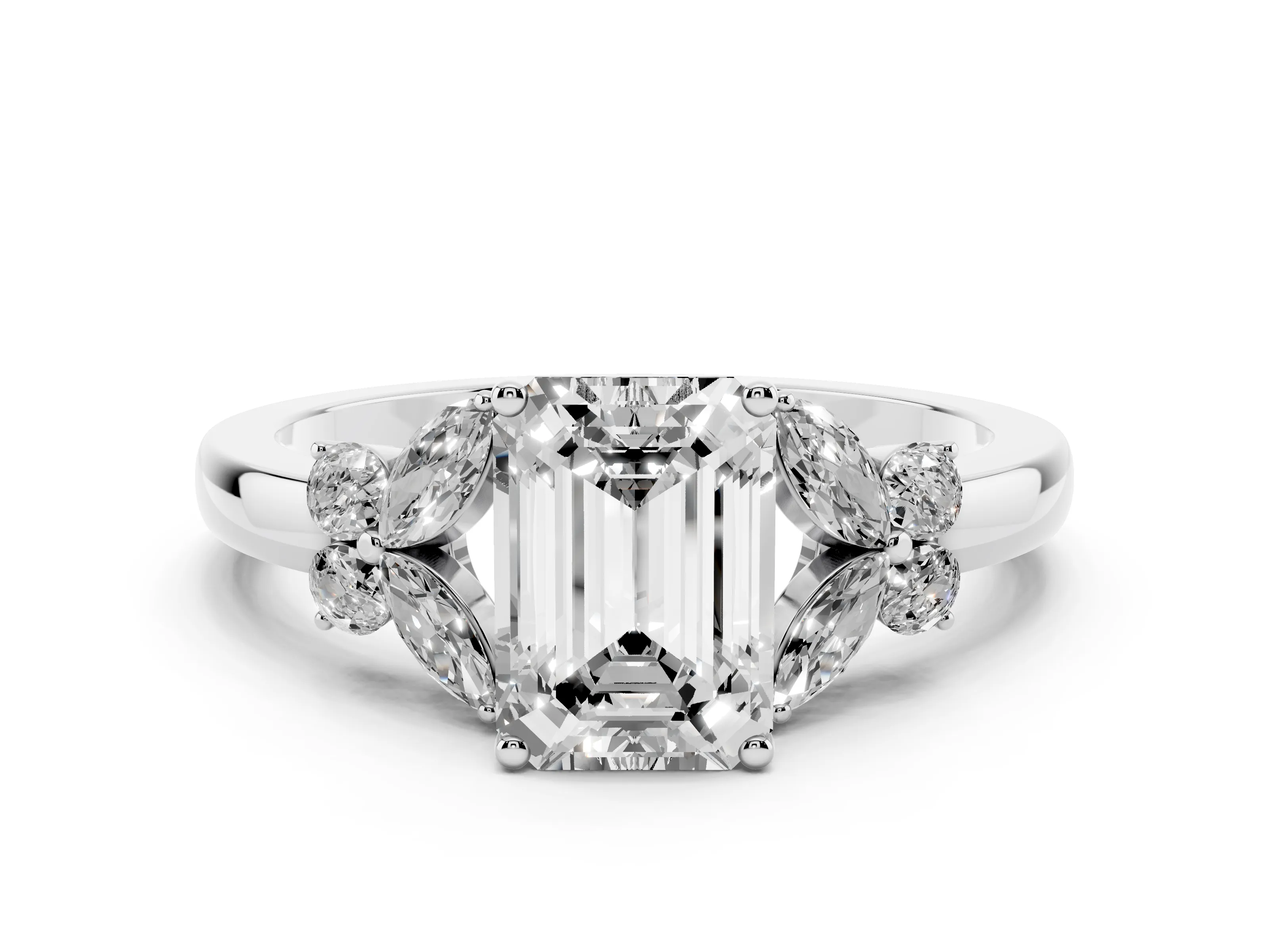 Emerald Cut Diamond Solitaire Floral Ring Set in Platinum with Marquise Petals and Prong Setting