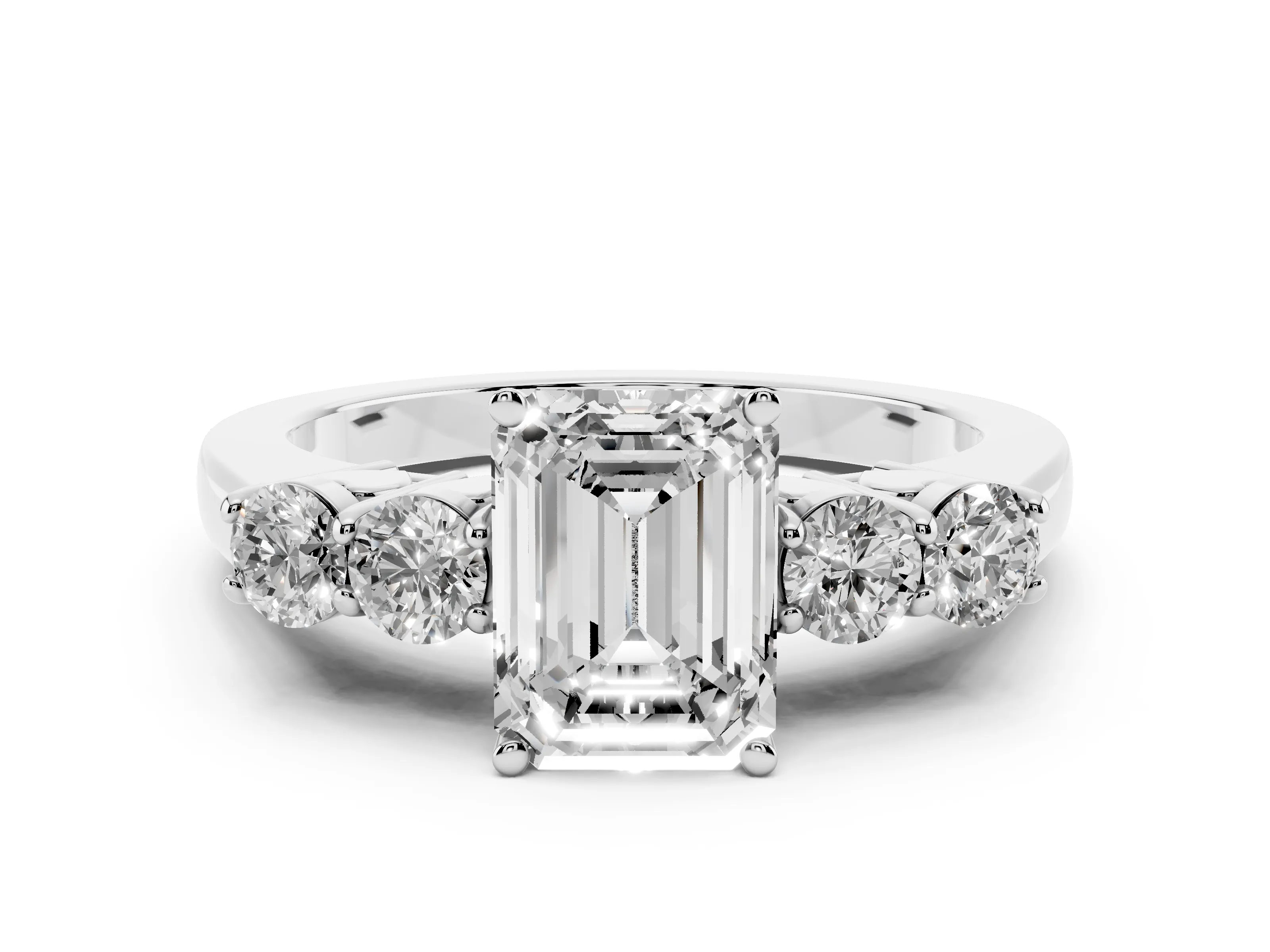 Emerald Cut Diamond Five-Stone Prong Set Band Ring Set in Platinum with Polished Band