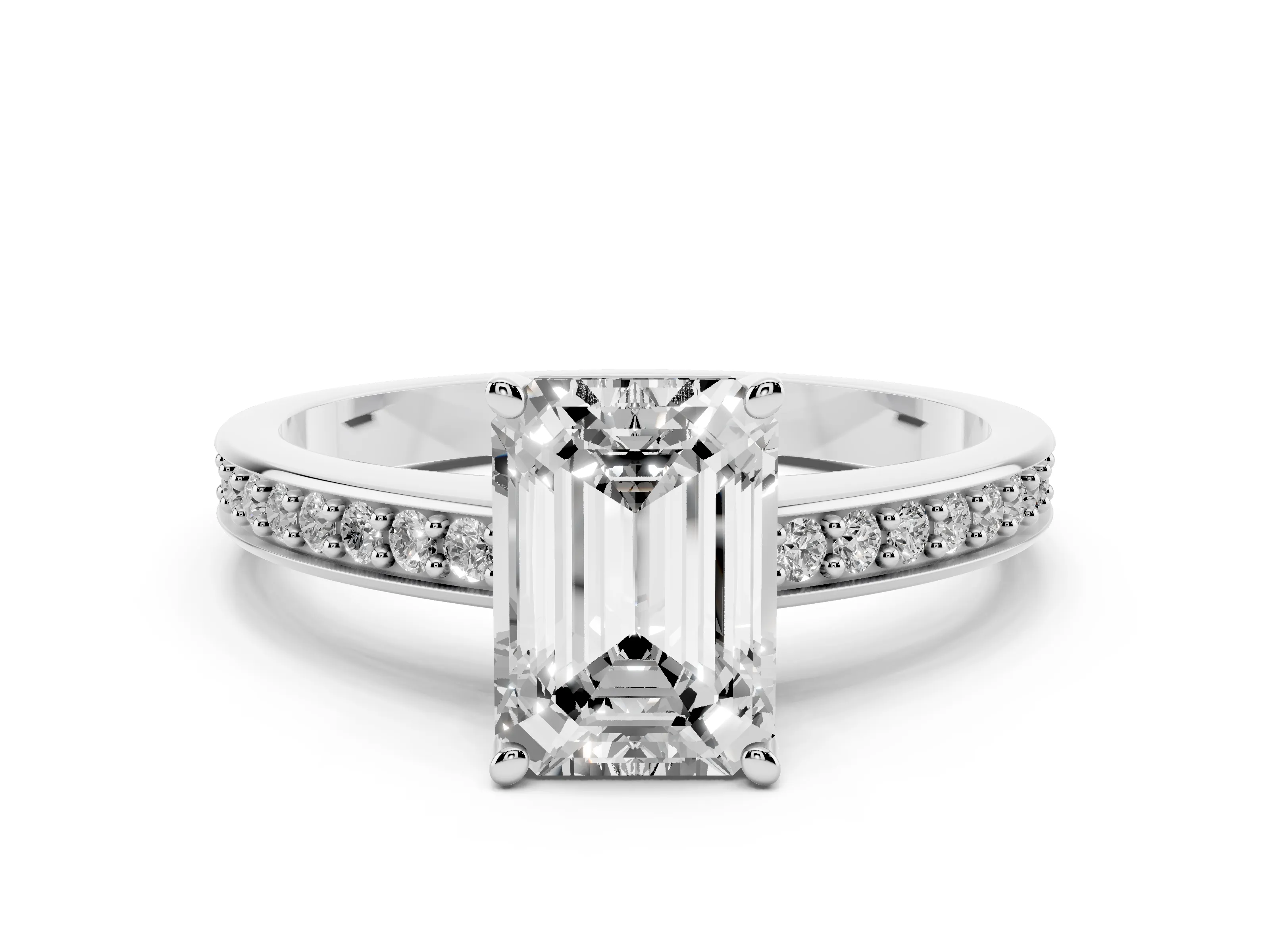 Emerald Cut Diamond Pavé Band Prong Set Solitaire Ring Set in White gold
