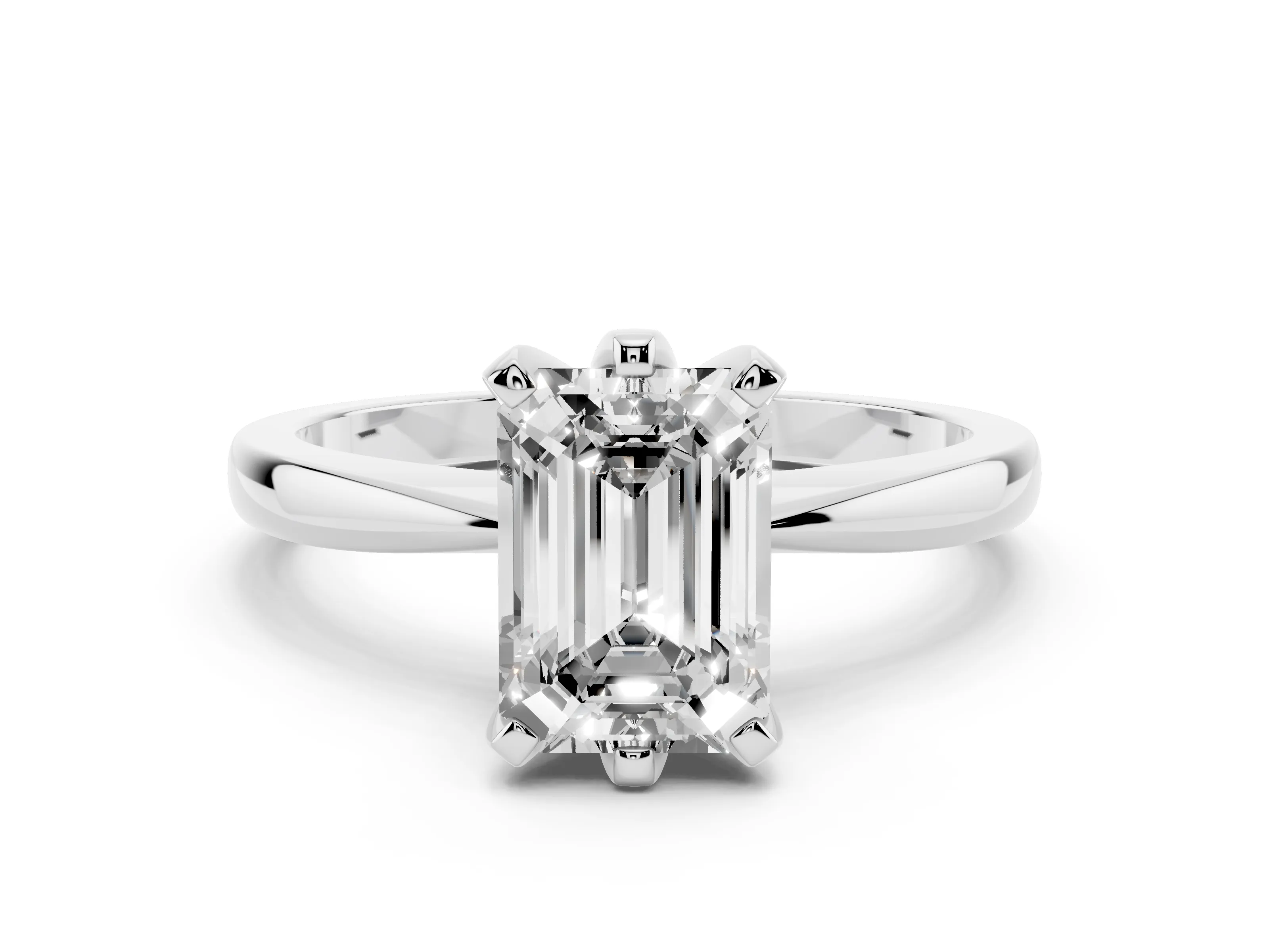 Emerald Cut Diamond Solitaire Engagement Ring Set in Silver with Slim Tapered Solitaire Band