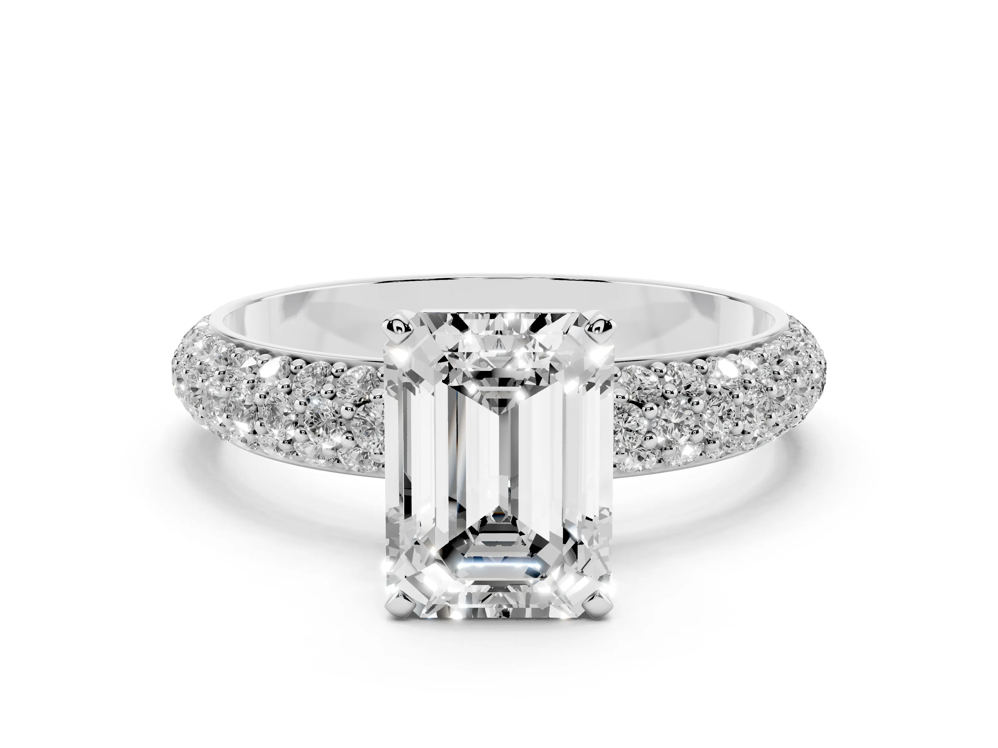 Emerald Cut Diamond Solitaire Ring Set in White gold with Prong Setting and Pavé-Set Band
