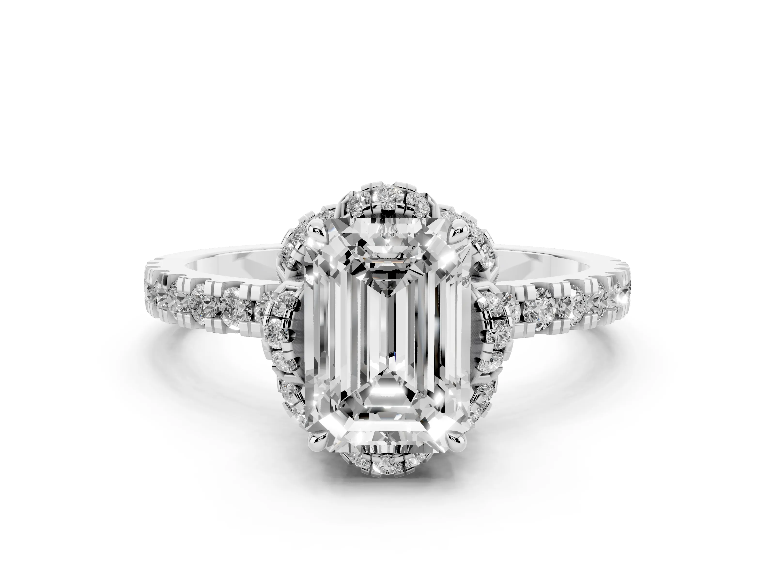 Emerald Cut Diamond Halo Pavé Band Ring Set in White gold with Prong-Held Center