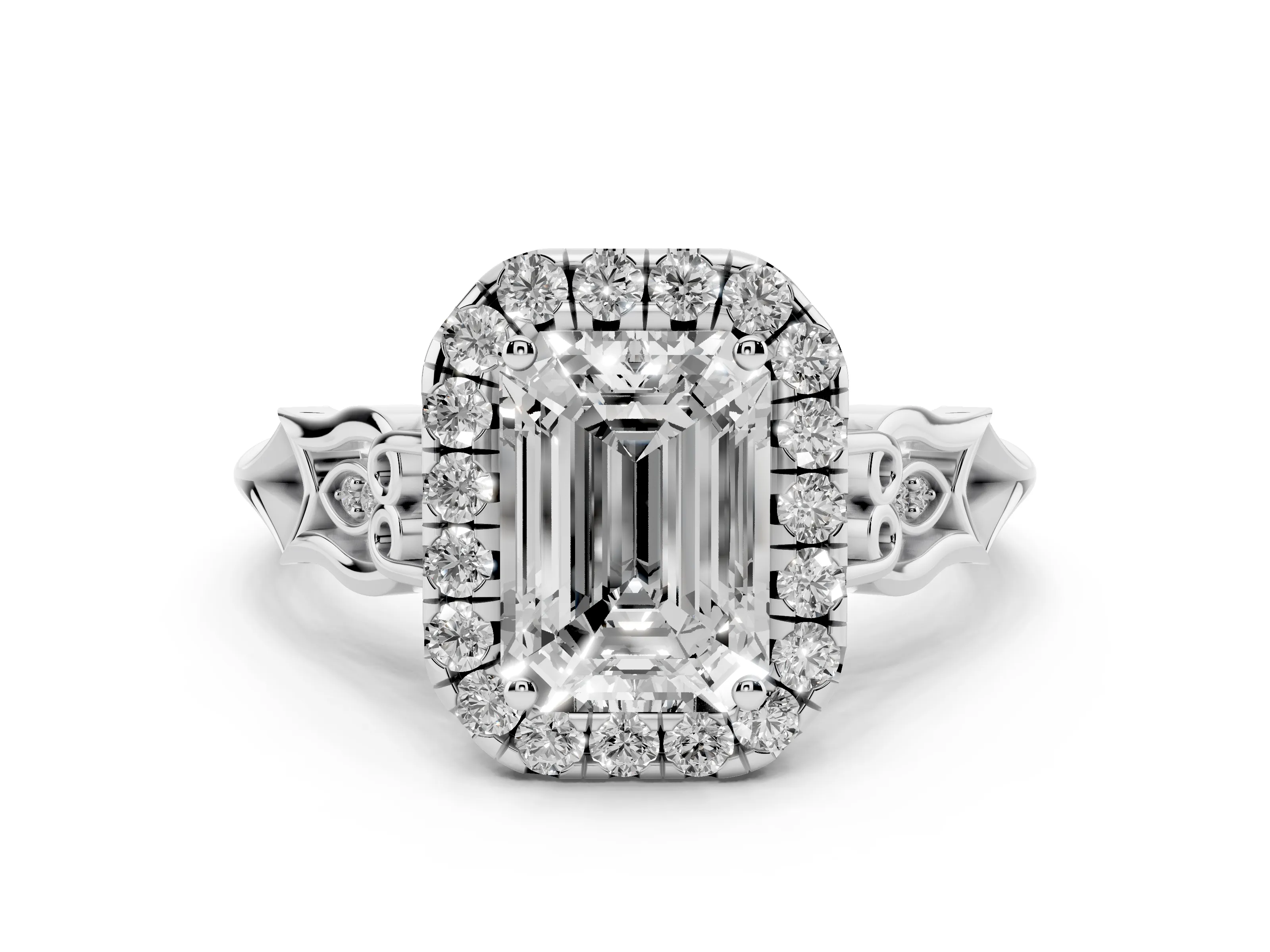 Emerald Cut Diamond Halo Engagement Ring Set in White gold with Filigree Band and Prong-Set Center