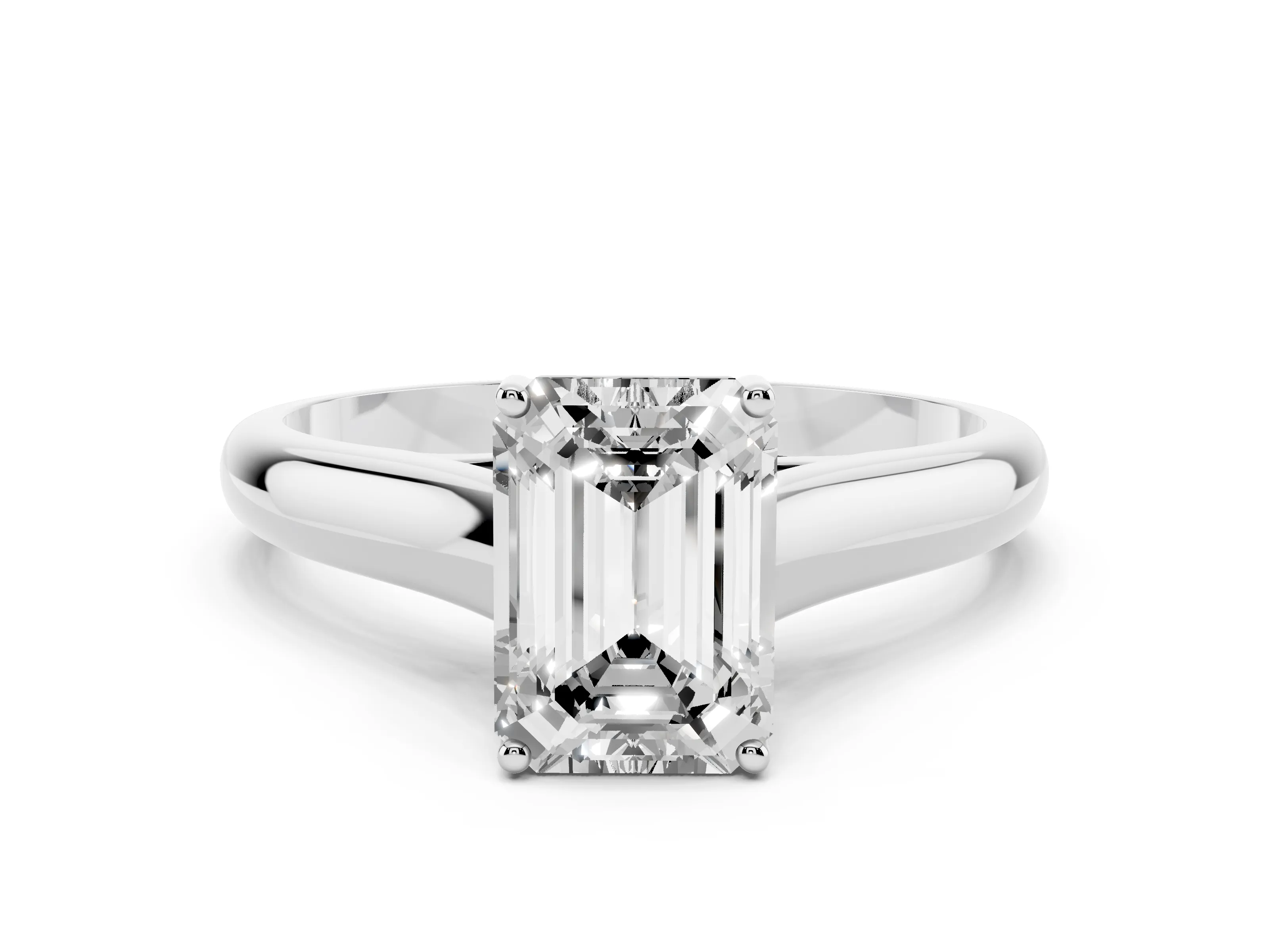Emerald Cut Diamond Solitaire Engagement Ring Set in Platinum with Subtly Tapered Band and Prong Setting