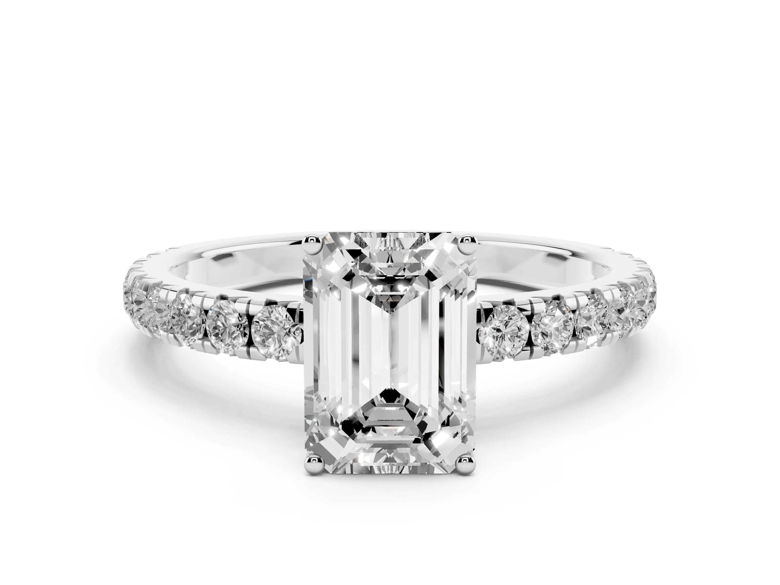 Emerald Cut Diamond Pavé Solitaire Engagement Ring Set in Platinum with Prong Setting