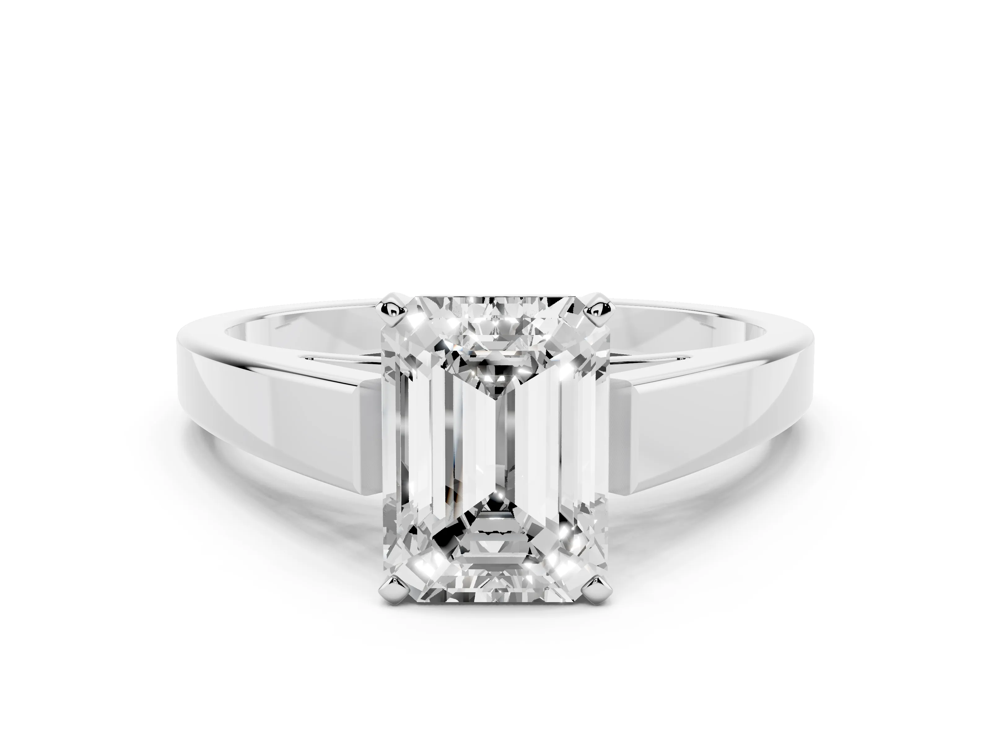 Emerald Cut Diamond Solitaire Engagement Ring Set in White gold with Prong Setting and Tapered Band
