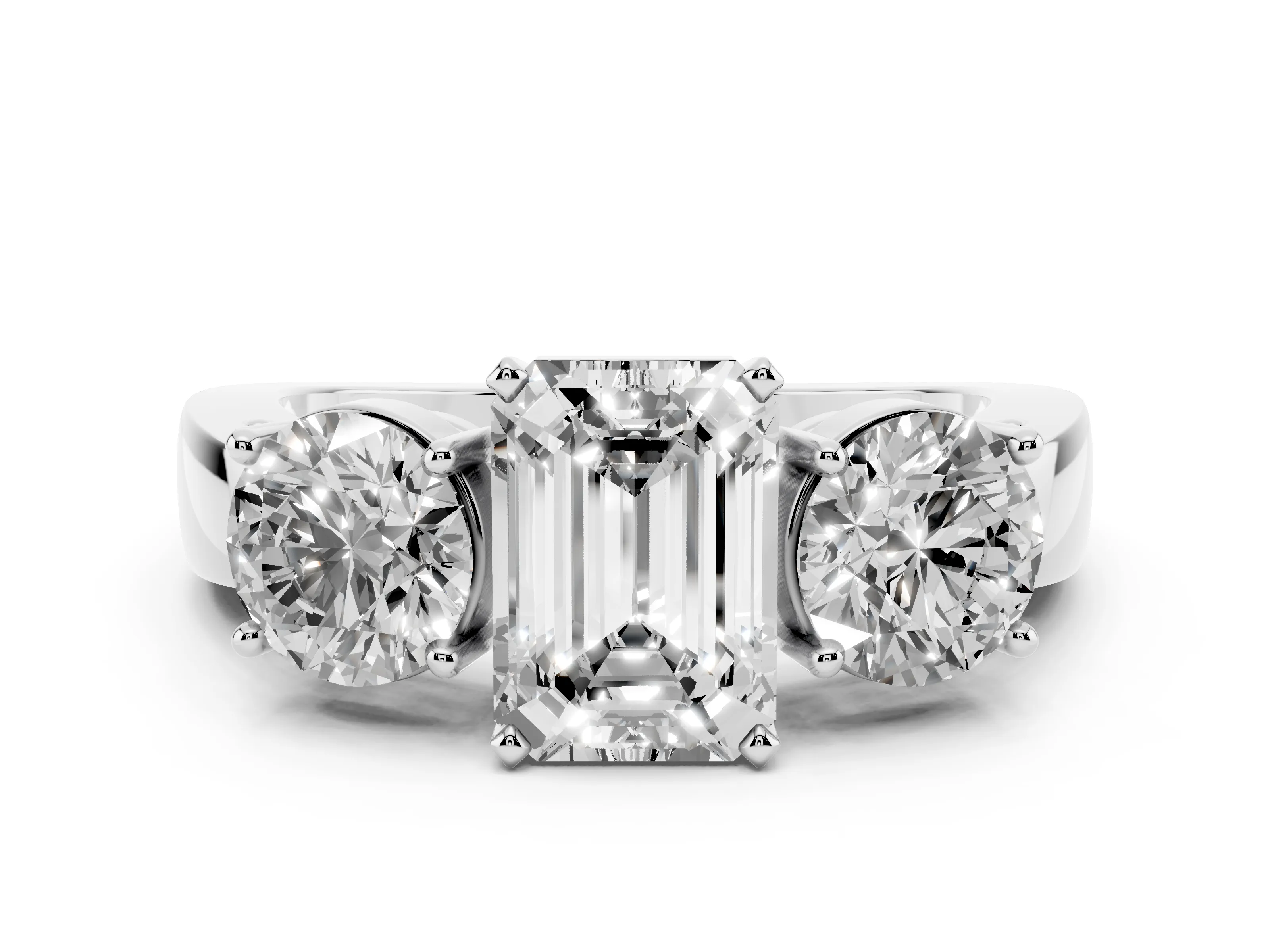 Emerald Cut Diamond Three-Stone Ring Set in Platinum with Round Side Stones and Classic Band