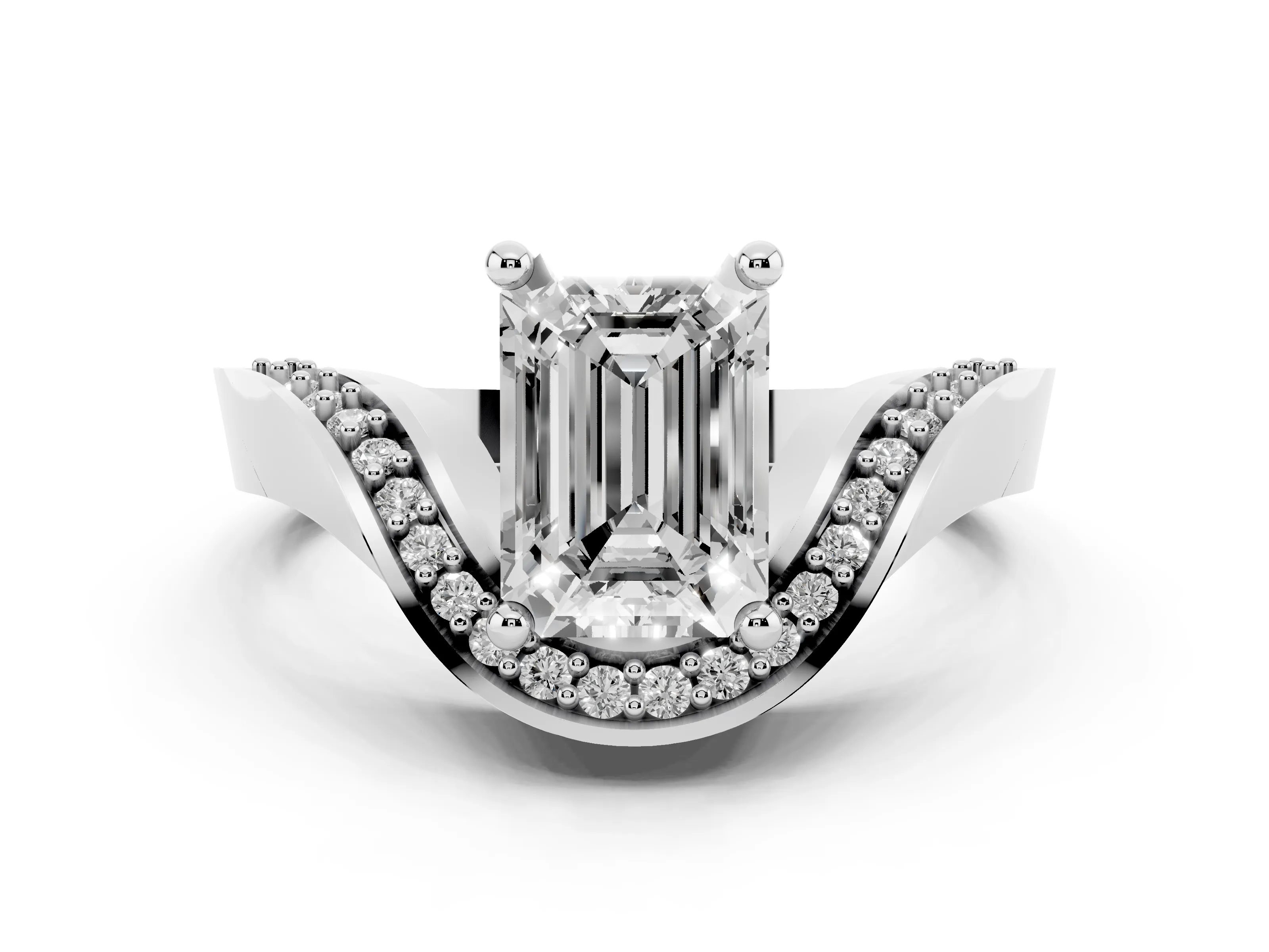 Emerald Cut Diamond Solitaire Engagement Ring Set in Silver with Pavé Shoulders