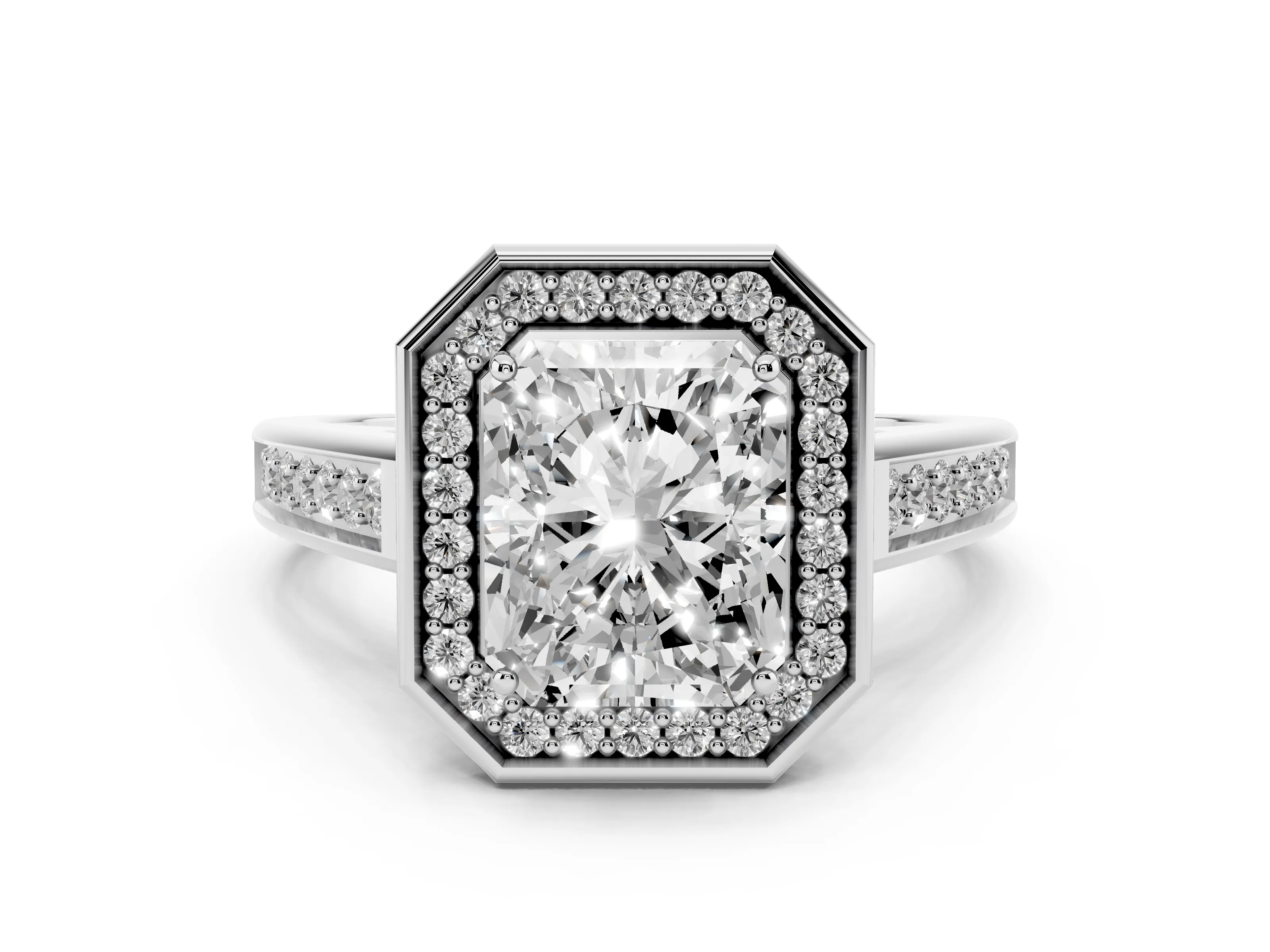 Emerald Cut Diamond Halo Solitaire Ring Set in Silver with Pavé Band and Bezel Setting