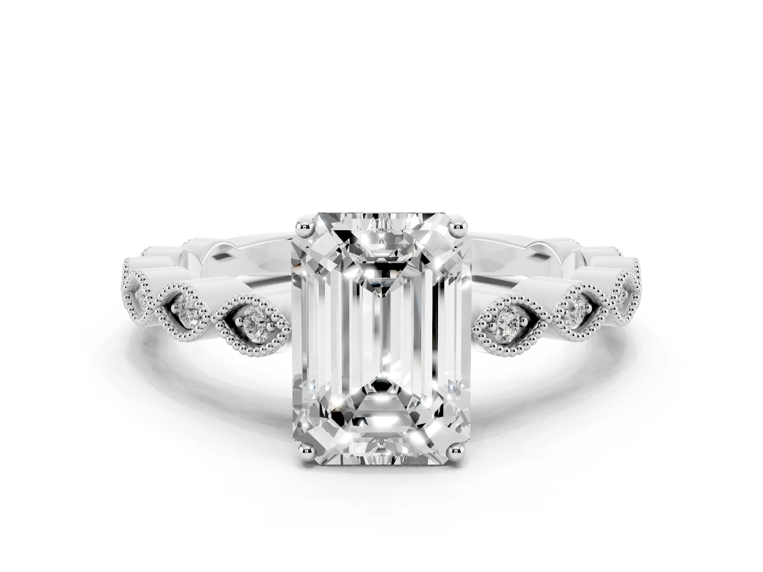 Emerald Cut Diamond Solitaire Ring Set in Silver with Infinity Twist Pavé Band