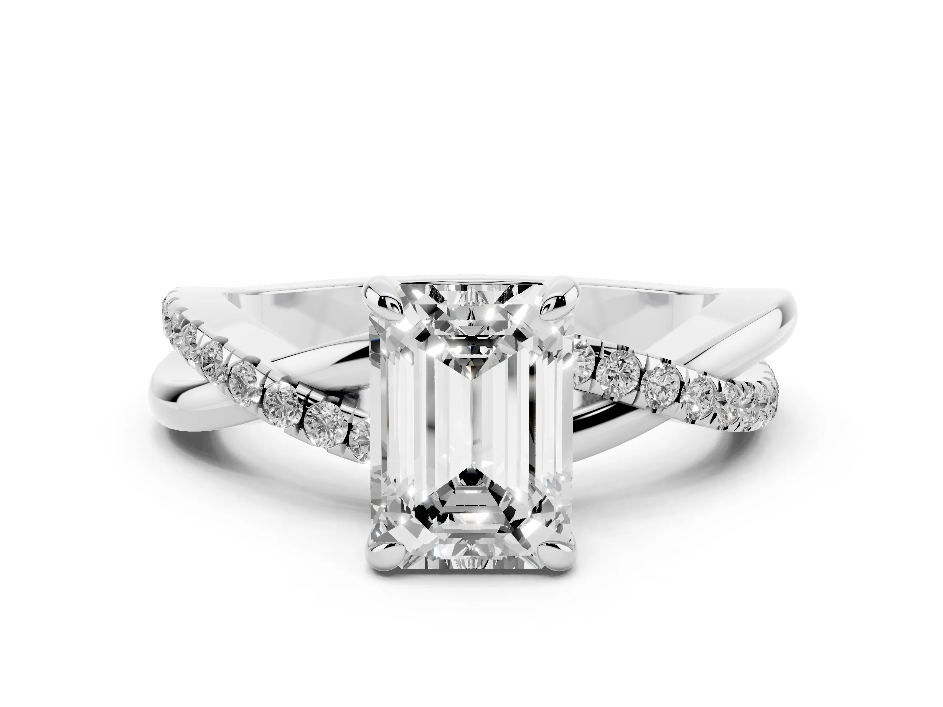 Emerald Cut Diamond Twist Band Pavé Solitaire Ring Set in White gold with Prong Setting
