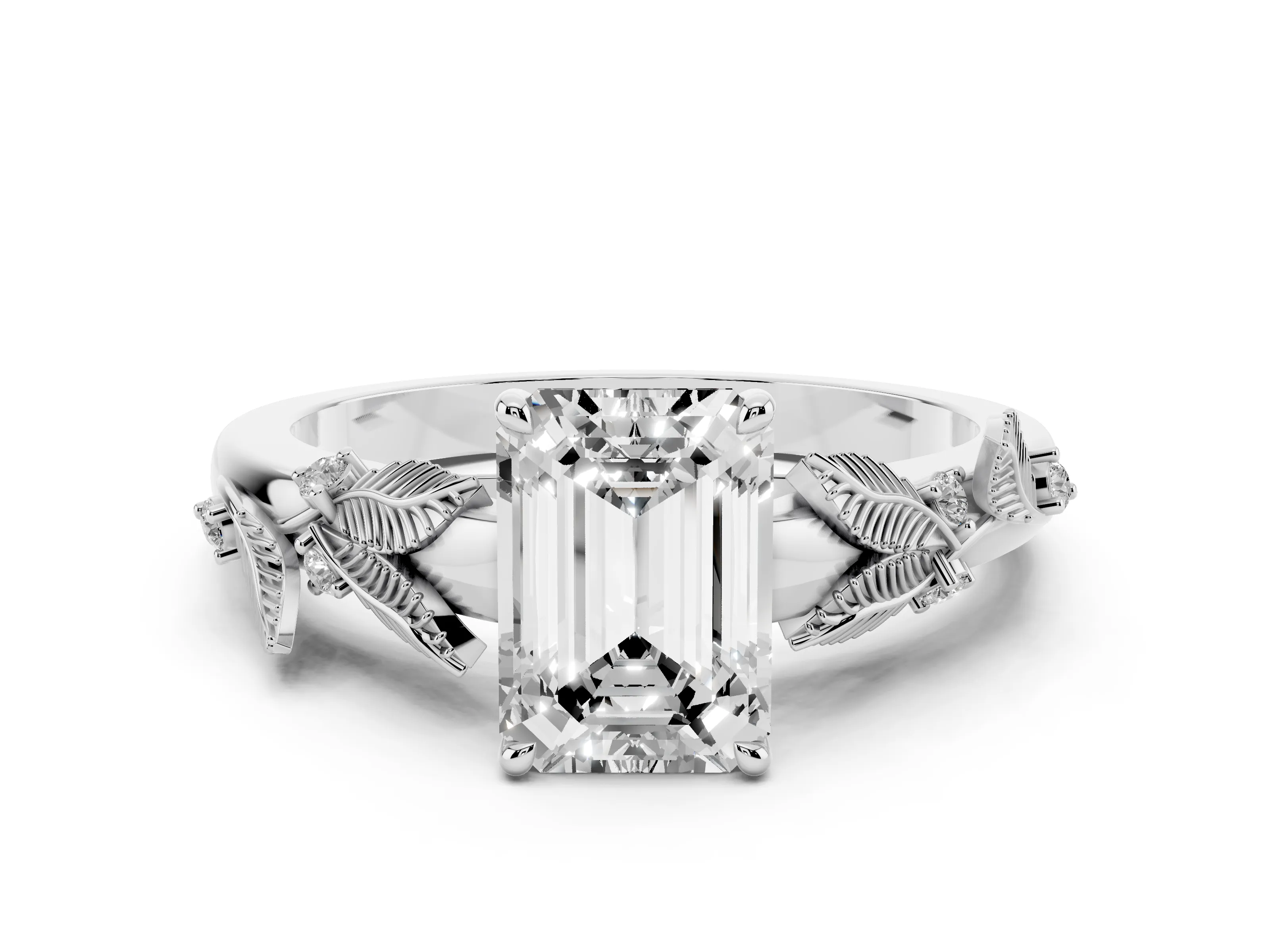 Emerald Cut Diamond Solitaire Ring Set in Platinum with Leaf Motif Band