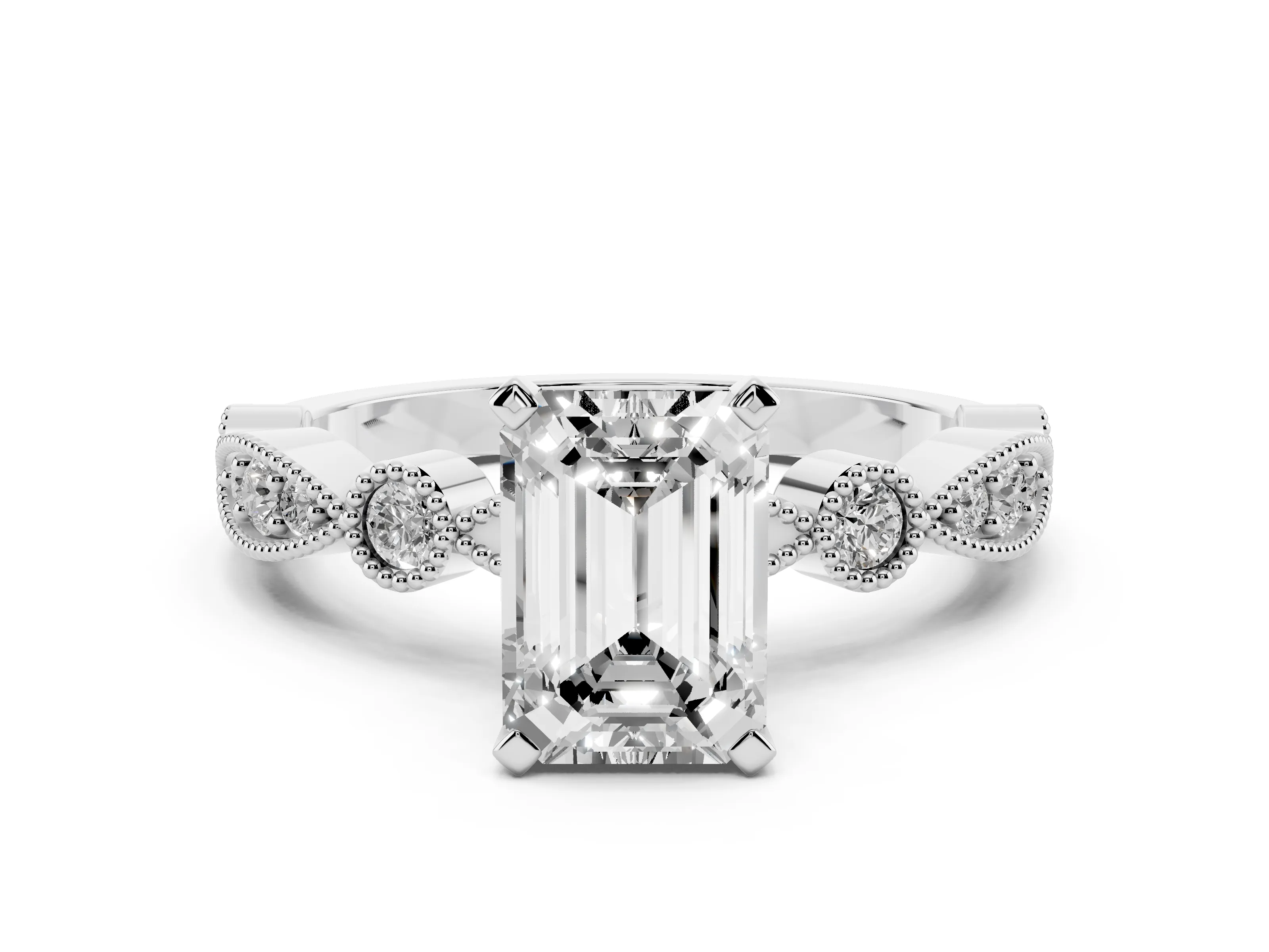 Emerald Cut Diamond Solitaire Engagement Ring Set in White gold with Milgrain Bezel Accent Band