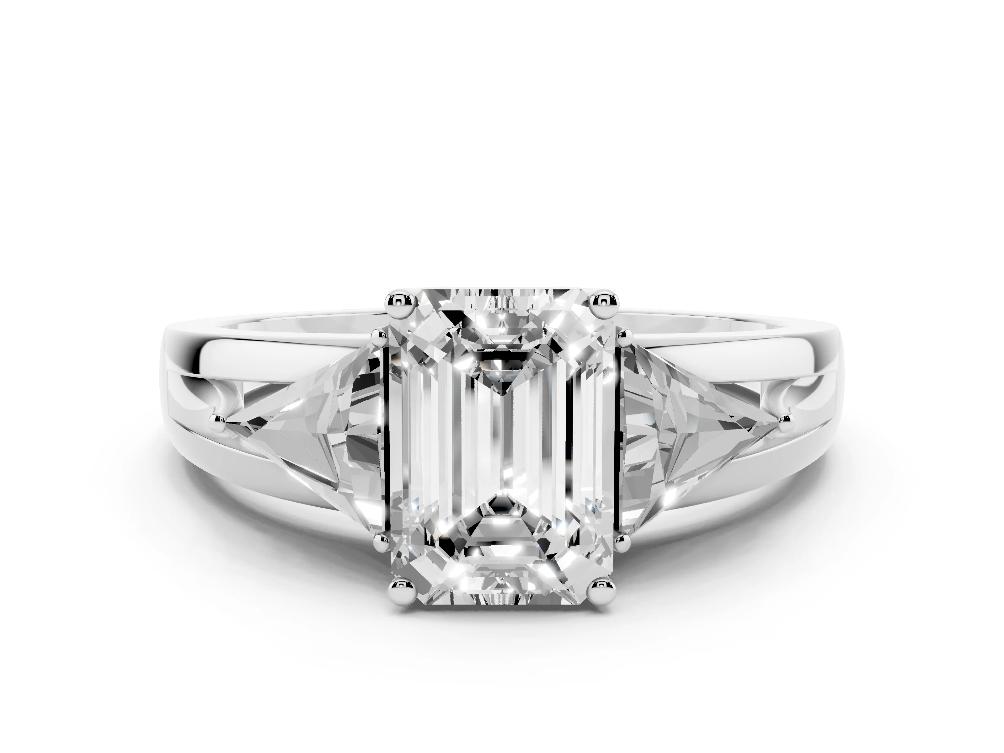Emerald Cut Diamond Three-Stone Ring Set in White gold with Trillion Side Stones and Split Shank