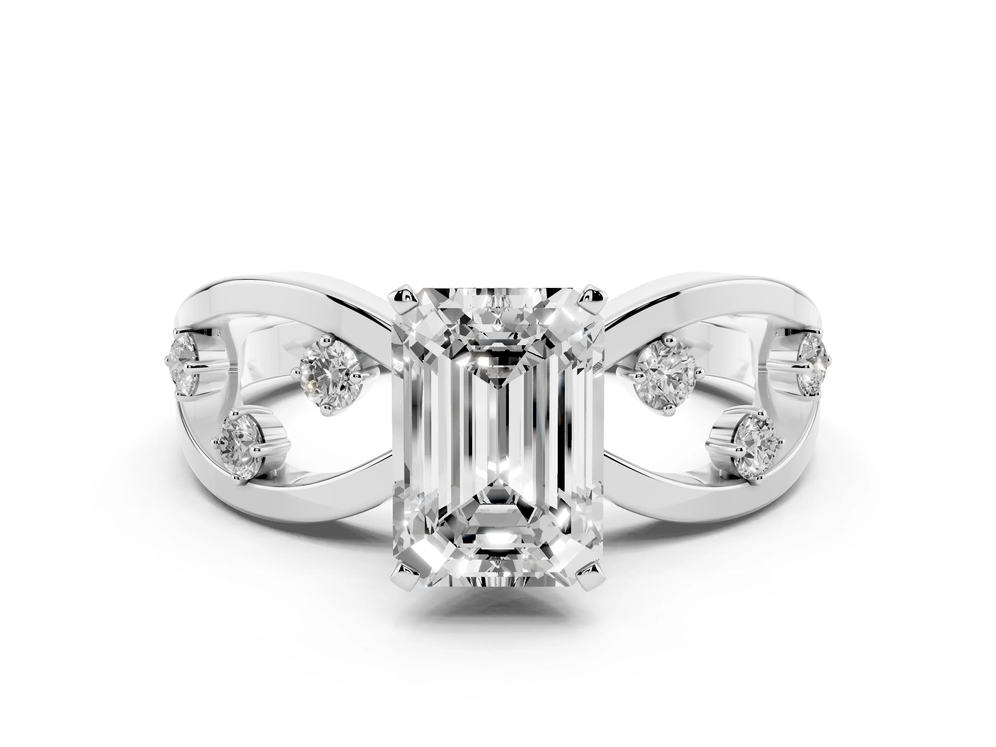 Emerald Cut Diamond Solitaire Ring Set in Platinum with Side Stones on Criss-Cross Band and Prong Setting