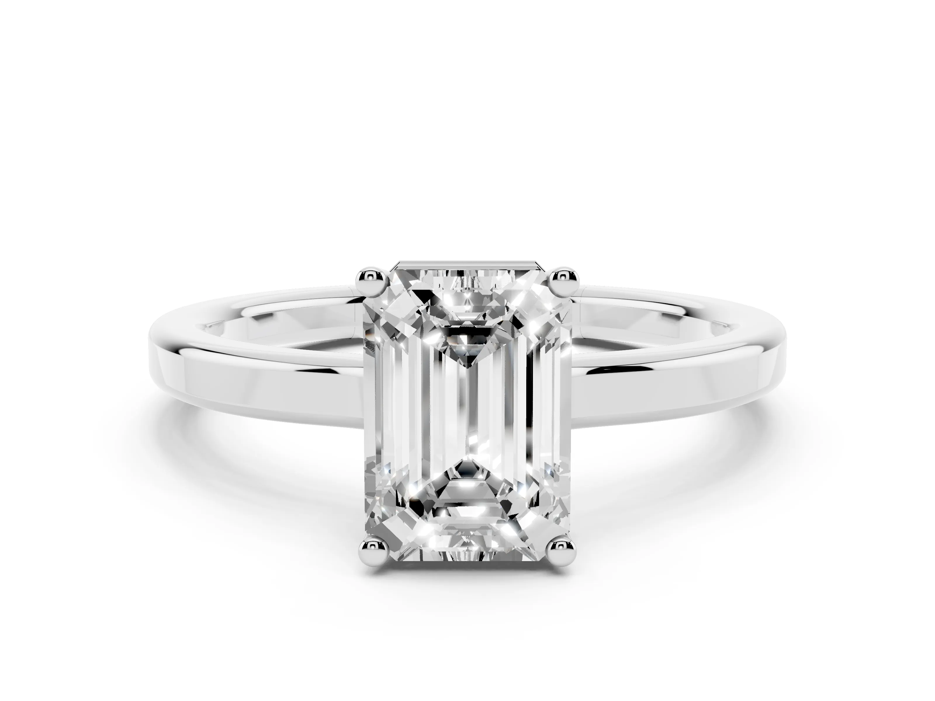 Emerald Cut Diamond Solitaire Engagement Ring Set in White gold with Prong Setting on a Plain Band