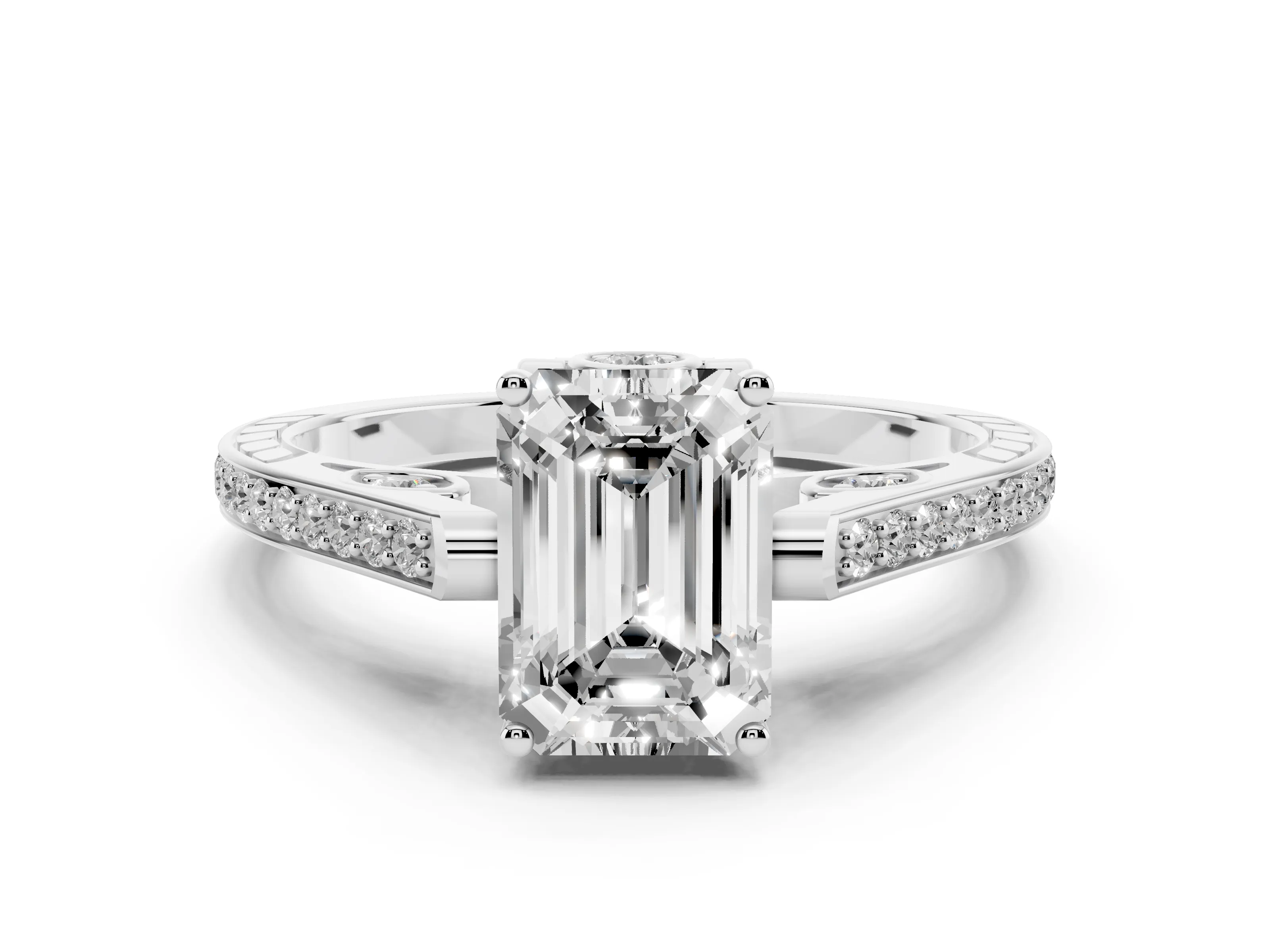 Emerald Cut Diamond Cathedral Pavé Engagement Ring Set in Platinum with Prong Setting