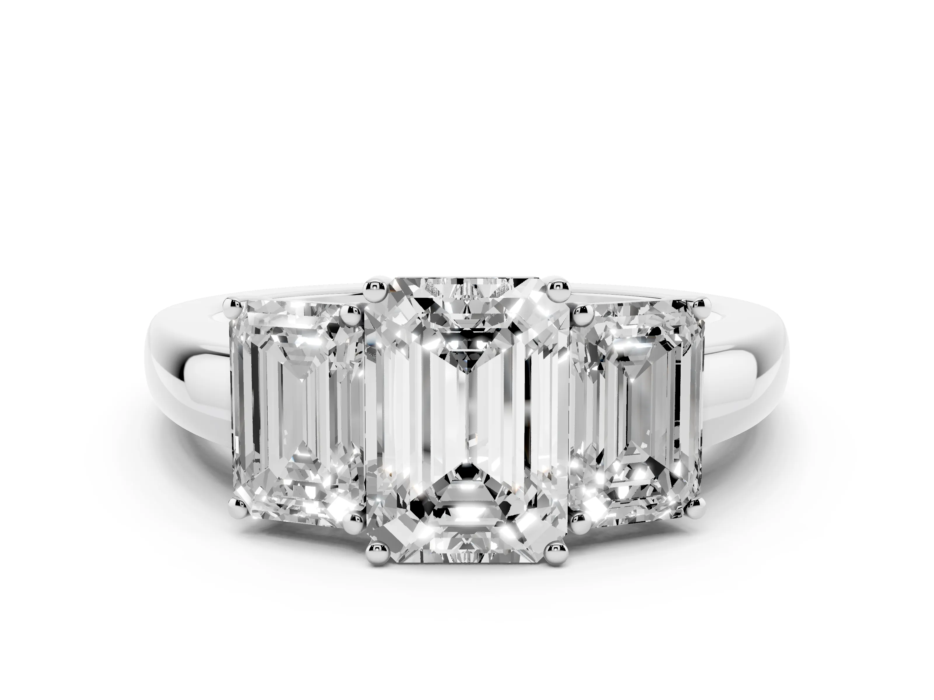 Emerald Cut Diamond Three-Stone Ring Set in Platinum with Bold Center and Classic Band
