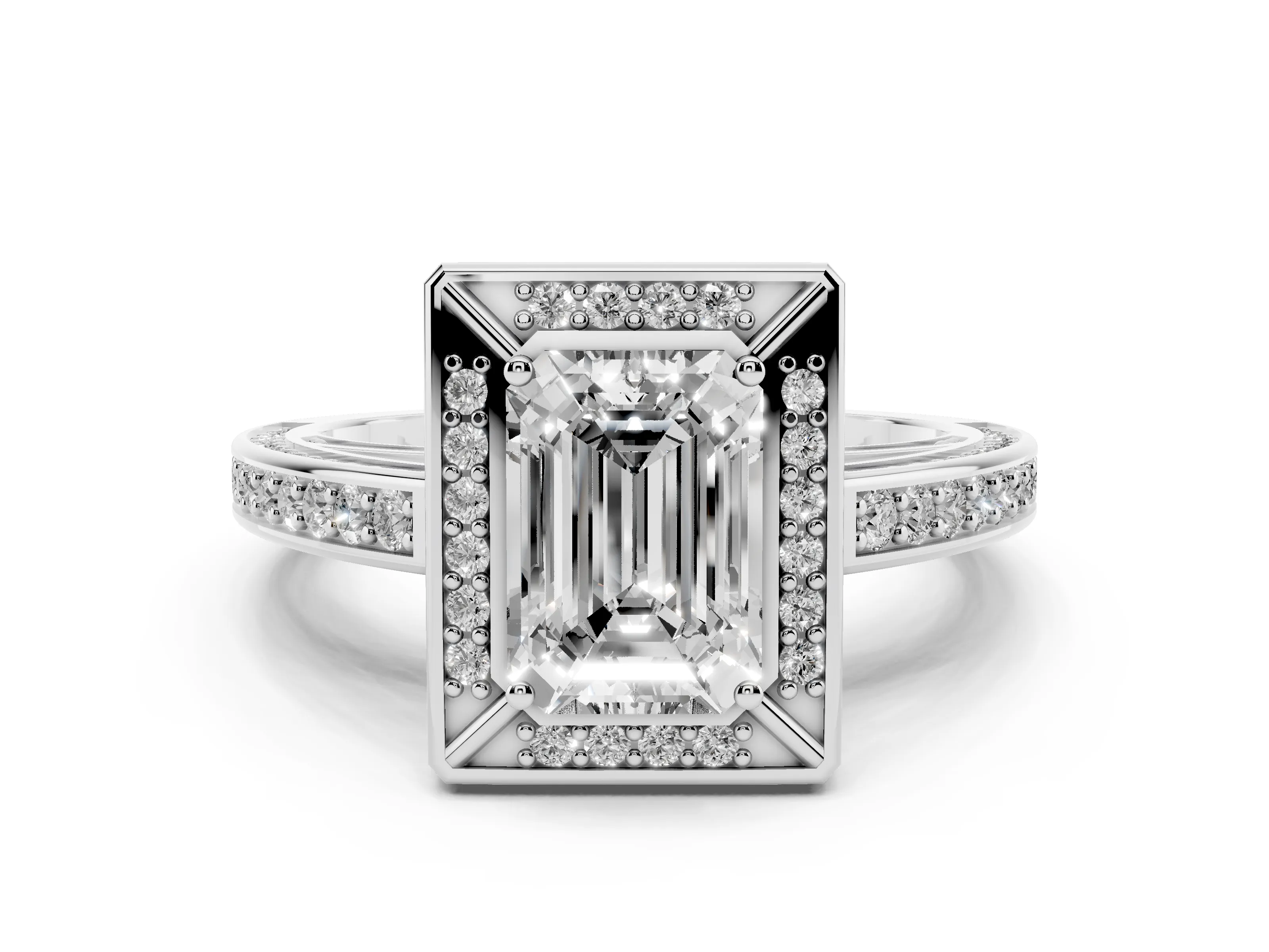 Emerald Cut Diamond Halo Pavé Split Shank Ring Set in Platinum with Prong Setting