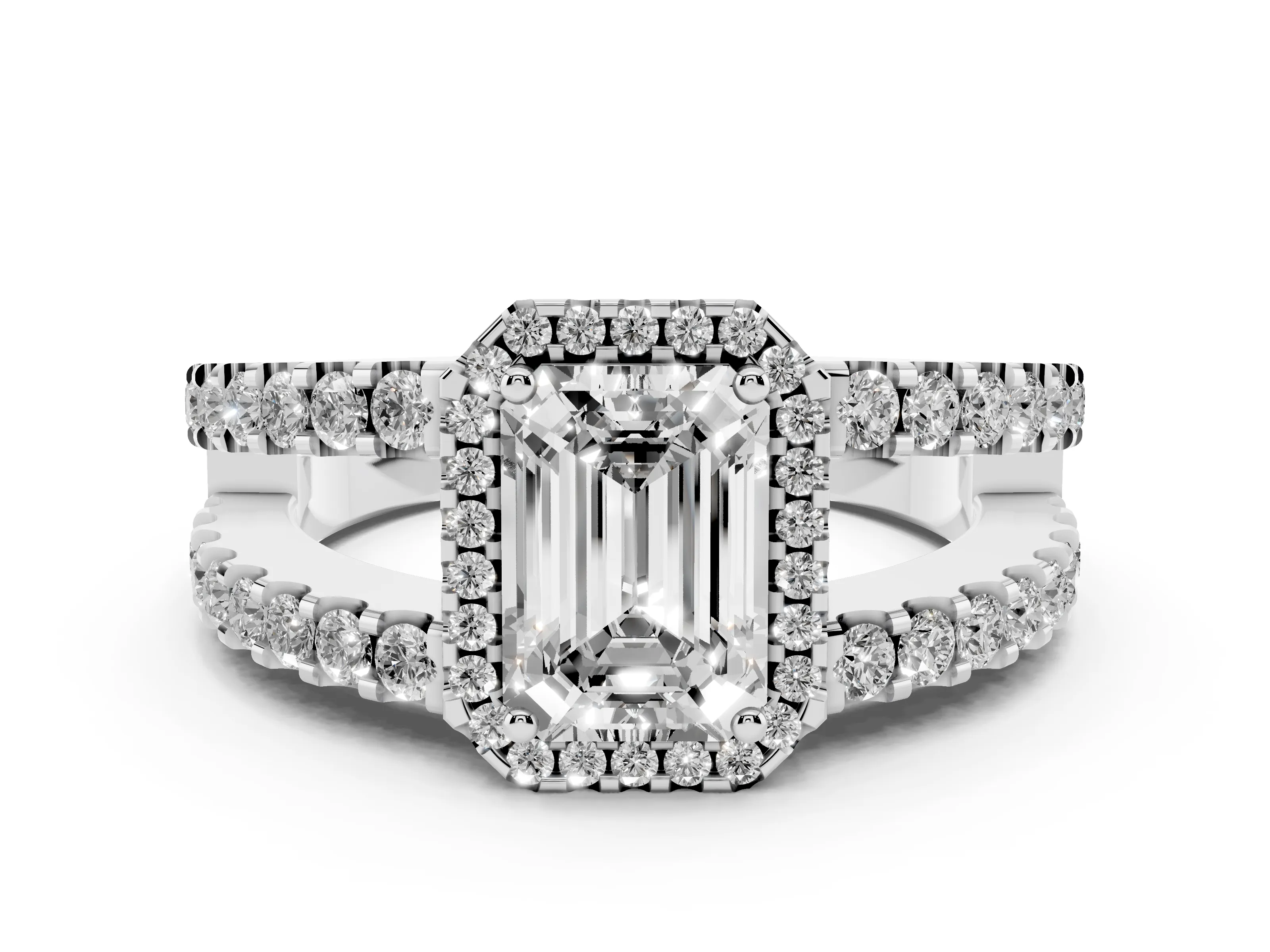 Emerald Cut Diamond Halo Ring Set in White gold with Pavé Split Shank and Prong Setting