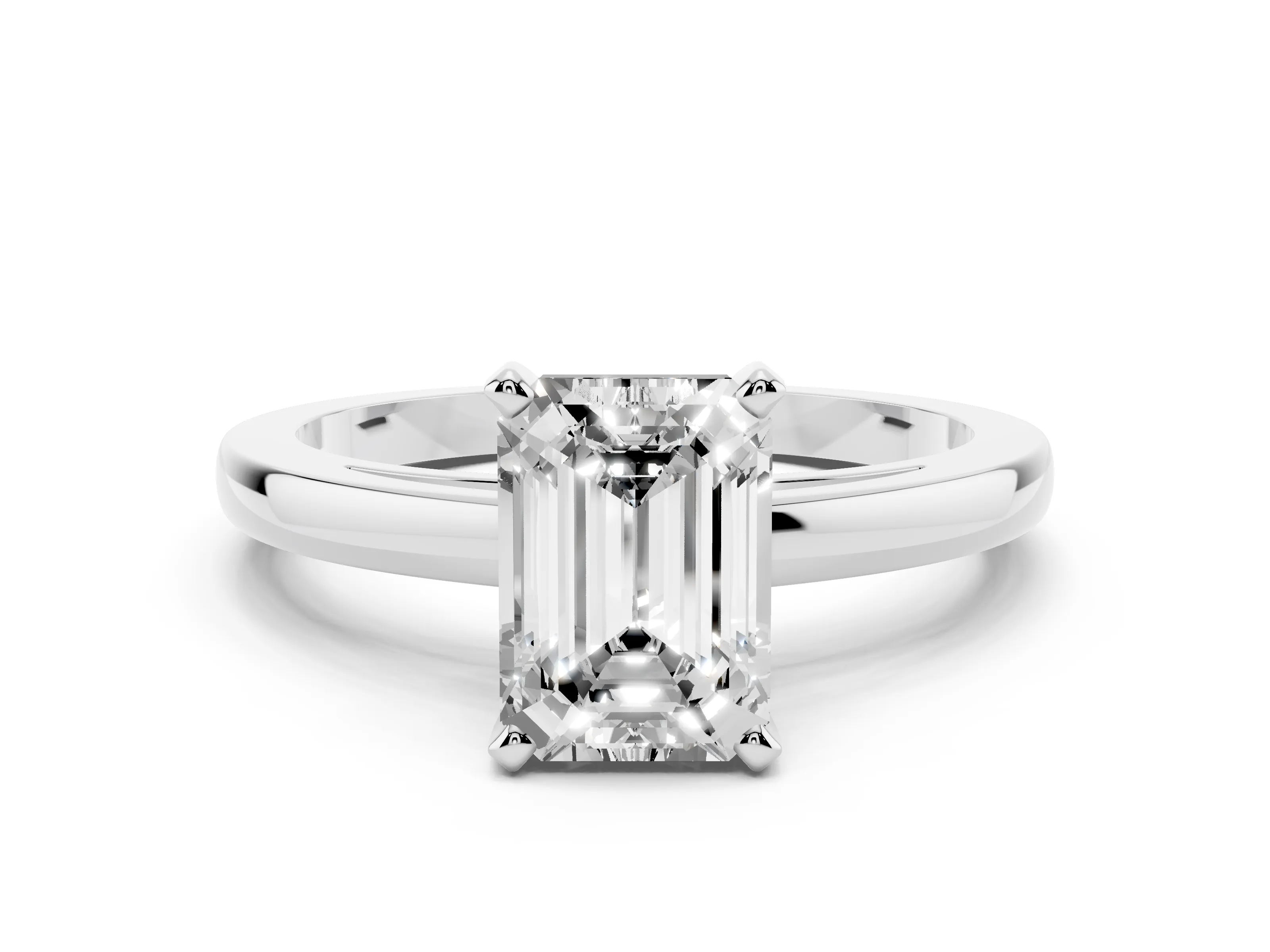 Emerald Cut Diamond Solitaire Engagement Ring Set in Platinum with Prong Setting on a Classic Band