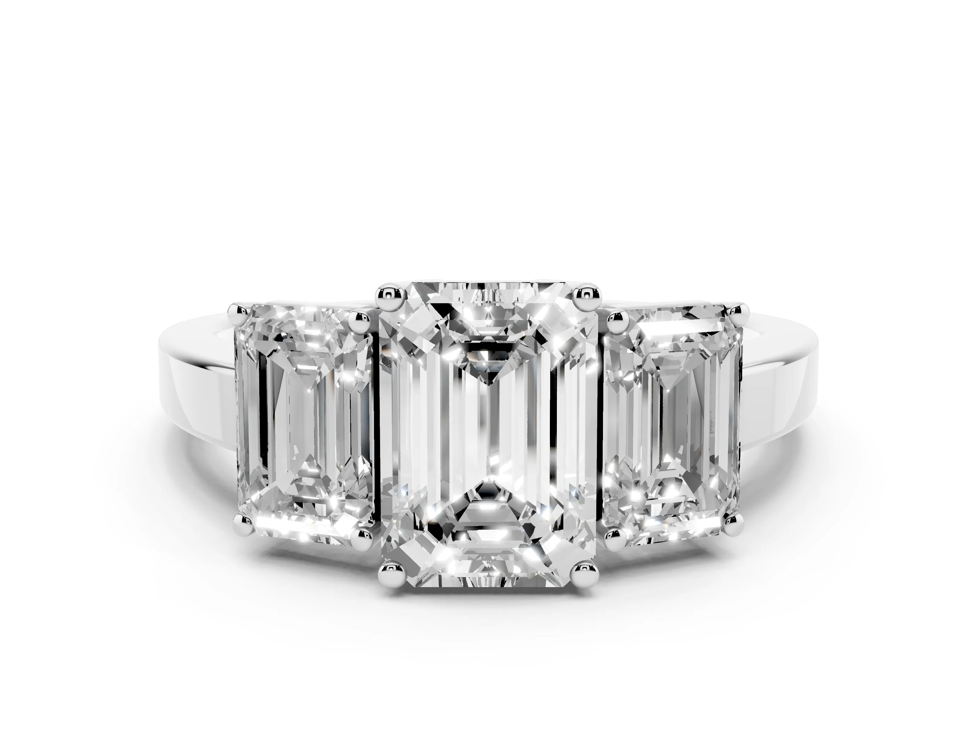 Emerald Cut Diamond Three-Stone Engagement Ring Set in Platinum with Flat Band
