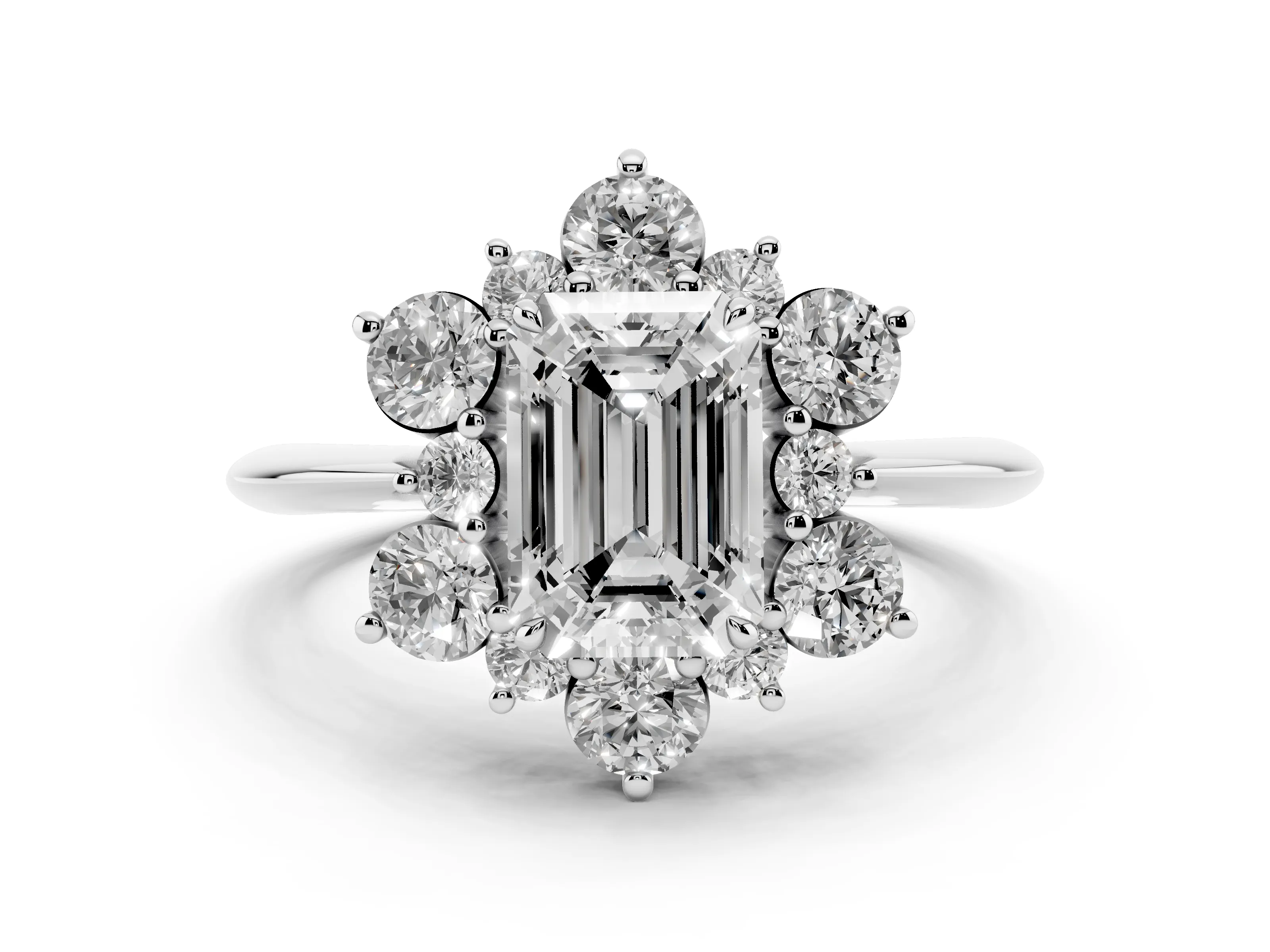 Emerald Cut Diamond Cluster Halo Ring Set in Platinum with Solitaire Band and Prong Setting