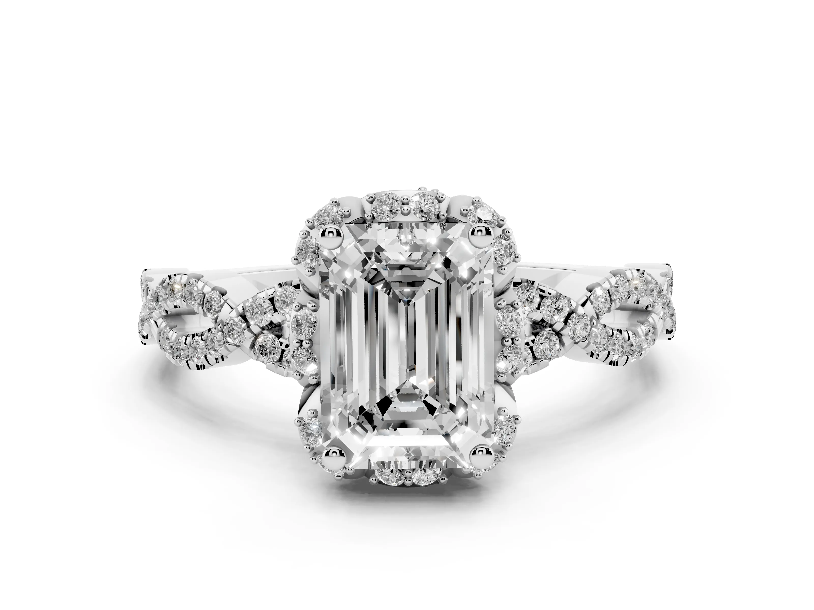Emerald Cut Diamond Halo Twist Band Solitaire Ring Set in White gold with Prong-Set Center Stone