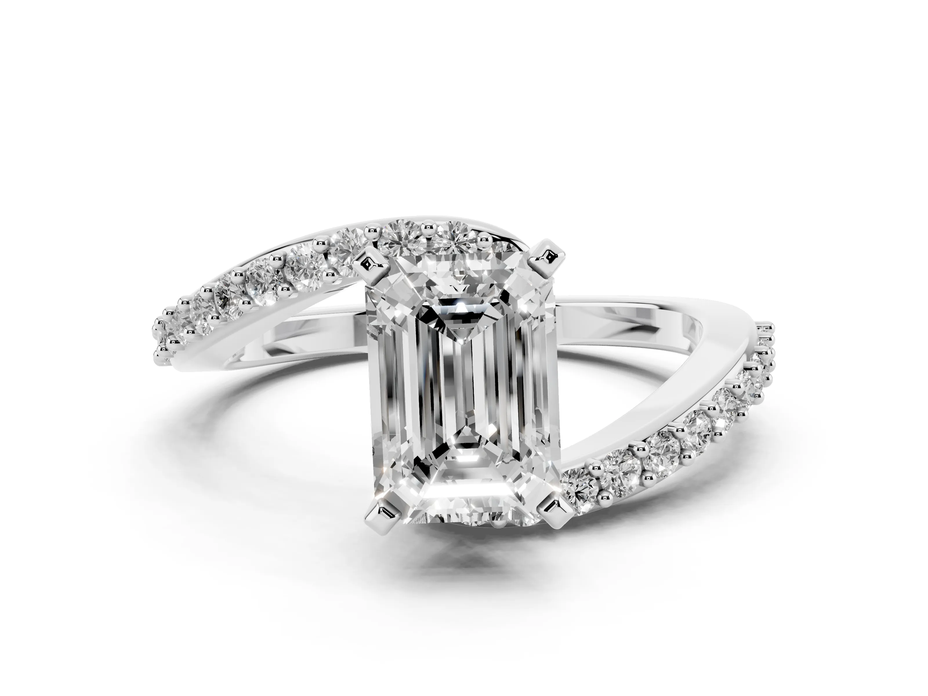Emerald Cut Diamond Solitaire Ring Set in Platinum with Pavé Twist Band and Prong Setting