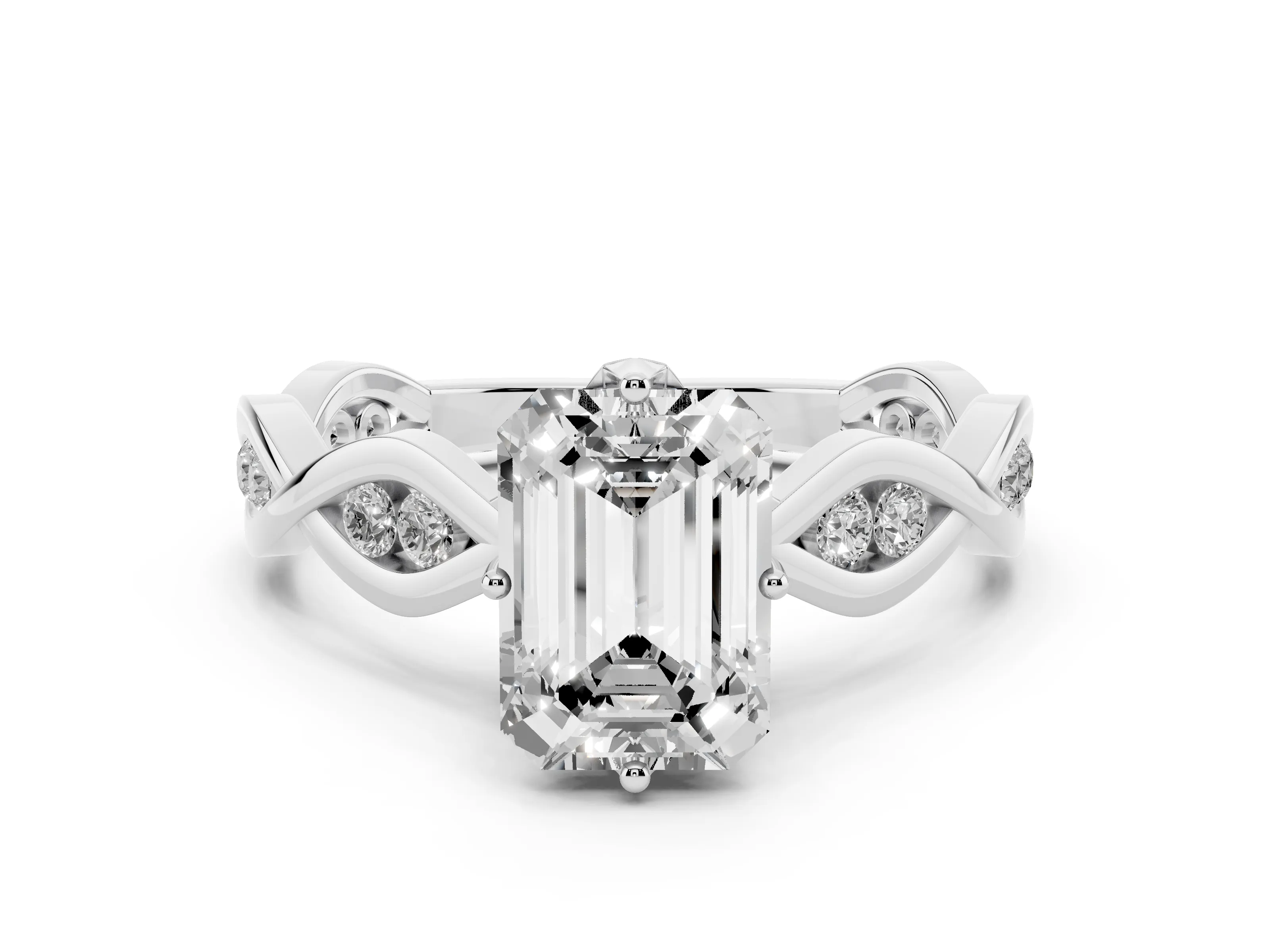 Emerald Cut Diamond Twist Band Solitaire Ring Set in Platinum with Leaf Prong Setting and Accent Stones