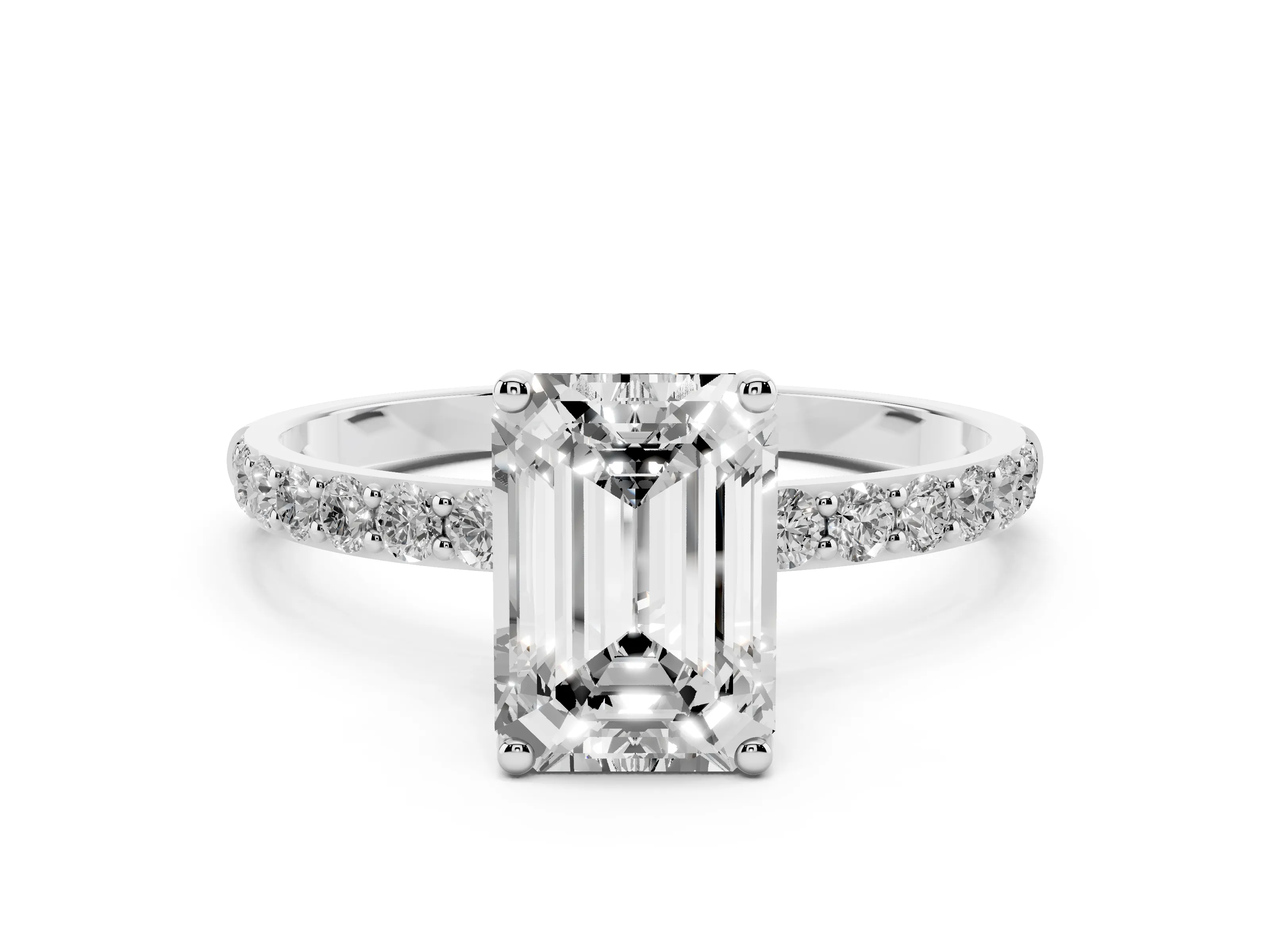 Emerald Cut Diamond Solitaire Engagement Ring Set in Platinum with Round Pavé Band and Prong Setting