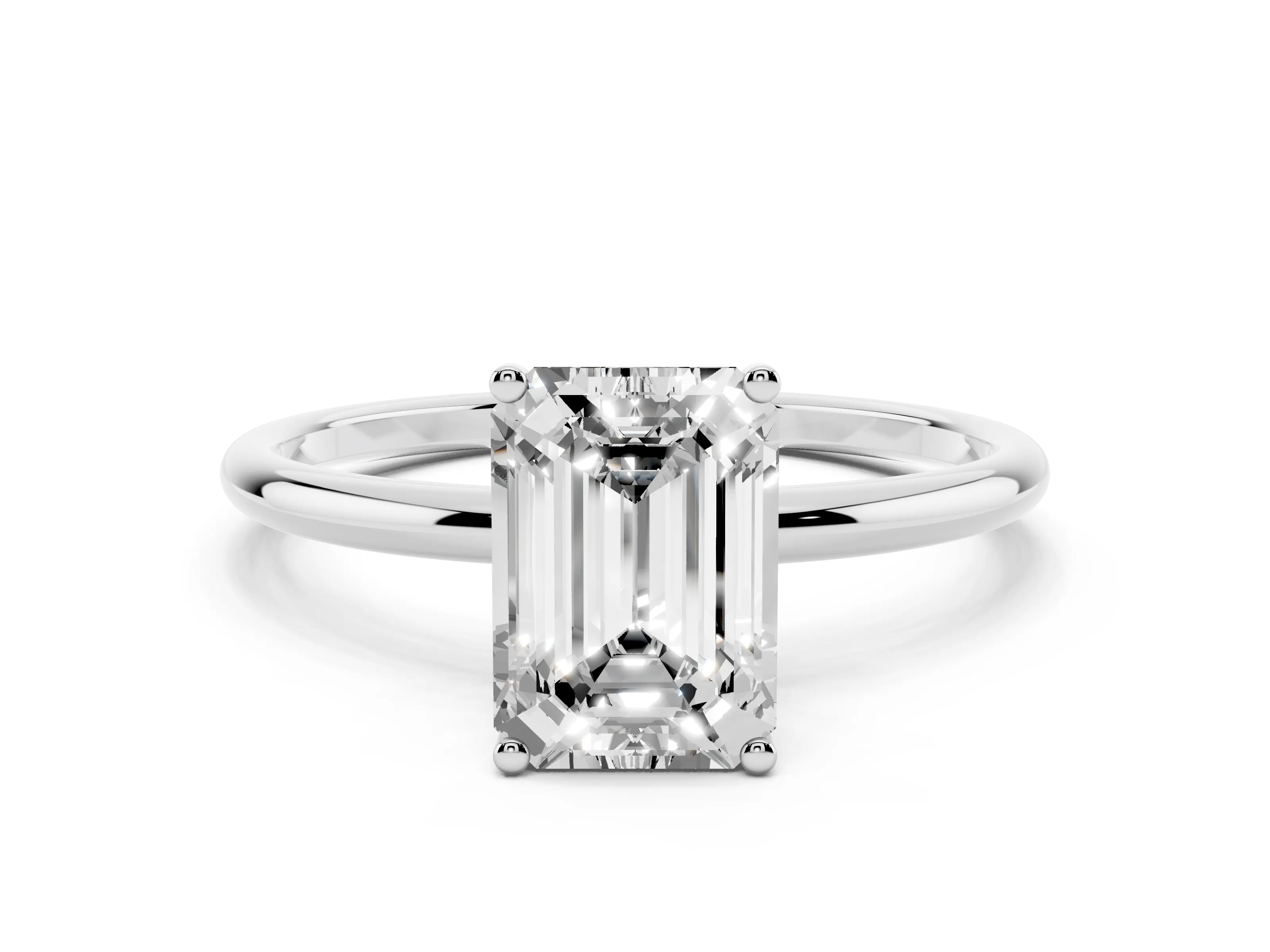 Emerald Cut Diamond Solitaire Engagement Ring Set in Platinum with Thin Band and Prong Setting