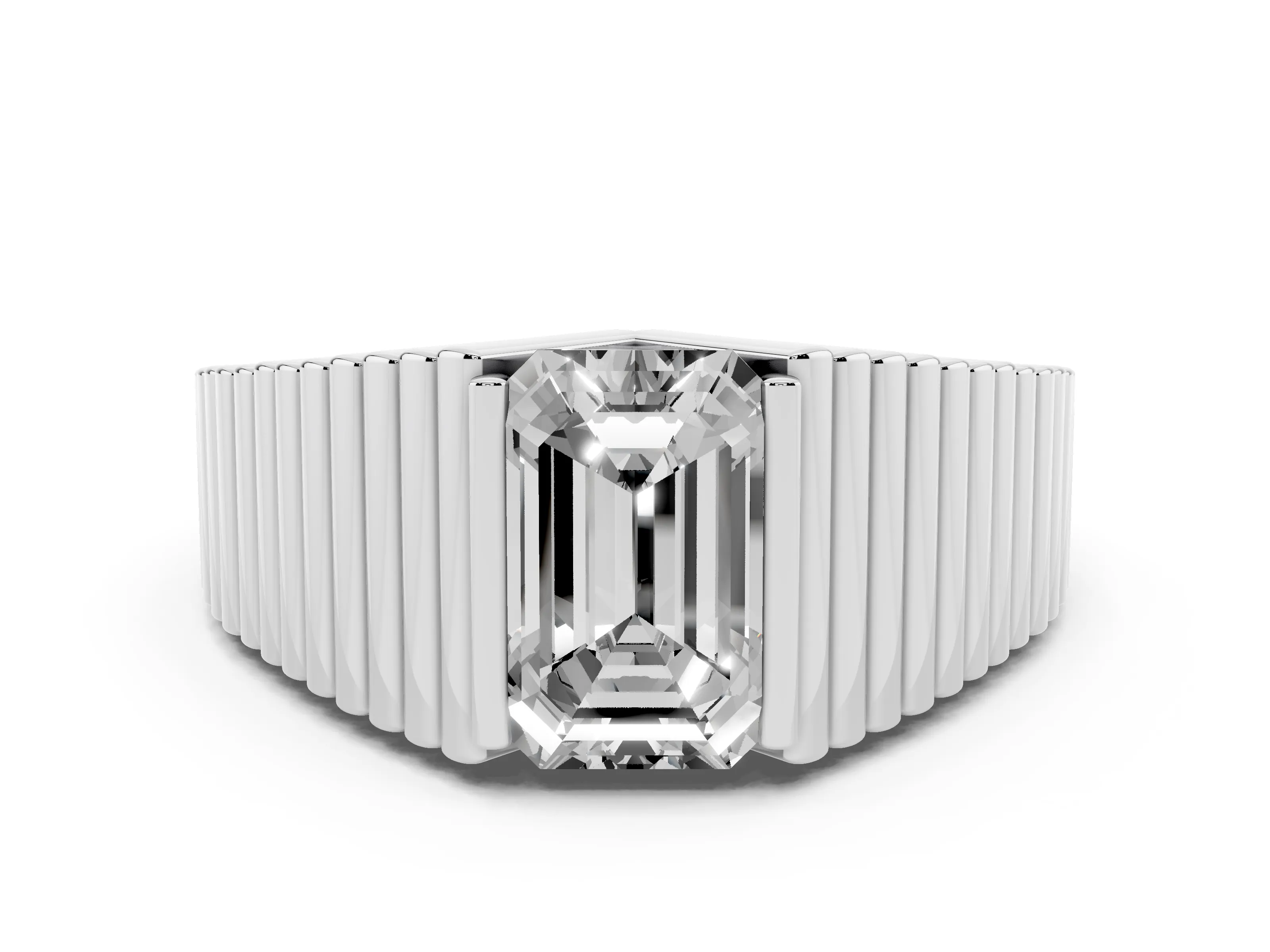 Emerald Cut Diamond Mens Ring Set in Silver with Fluted Band