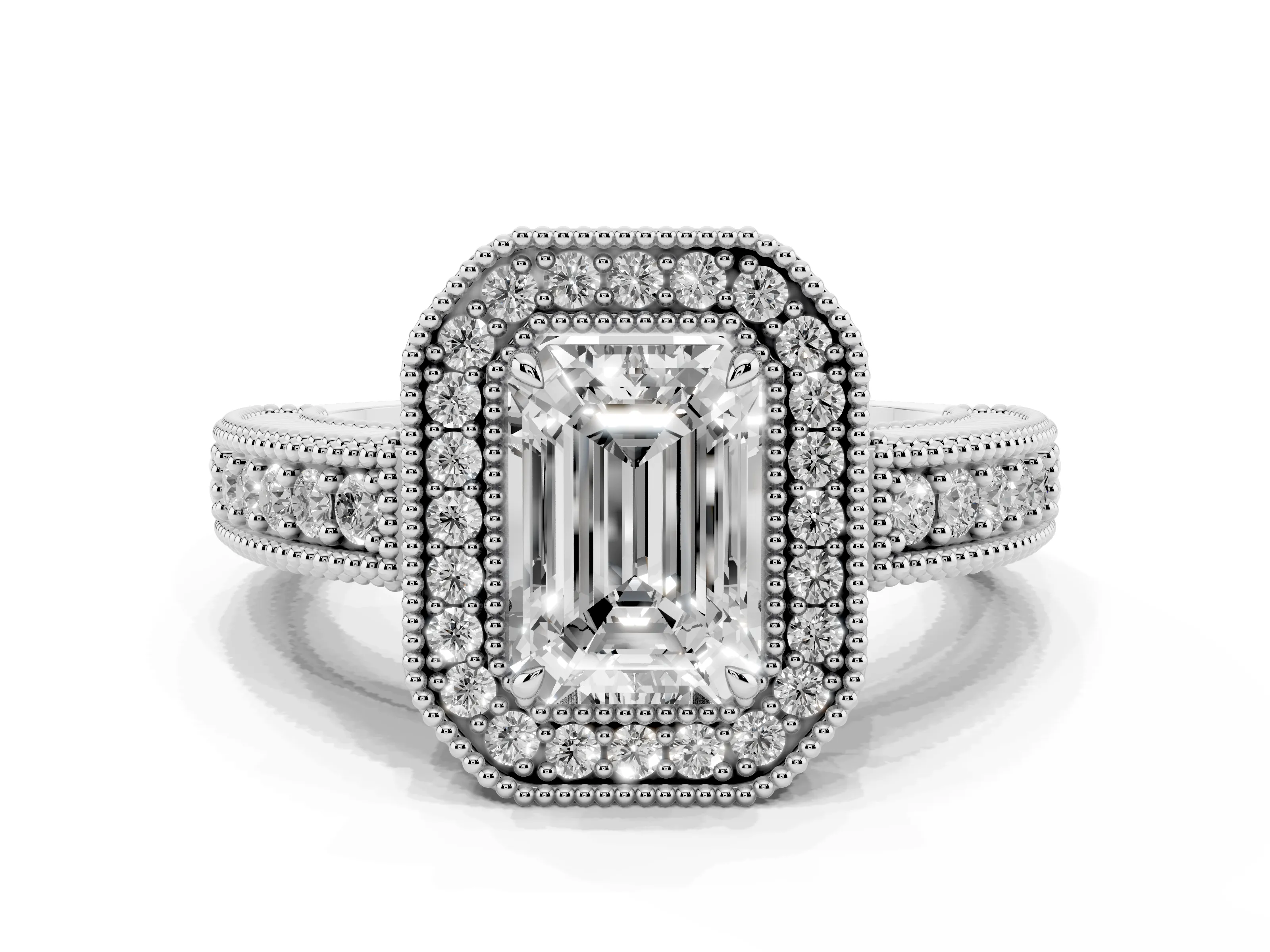 Emerald Cut Diamond Halo Ring Set in White gold with Round Accent Halo, Pavé Band and Prong Setting