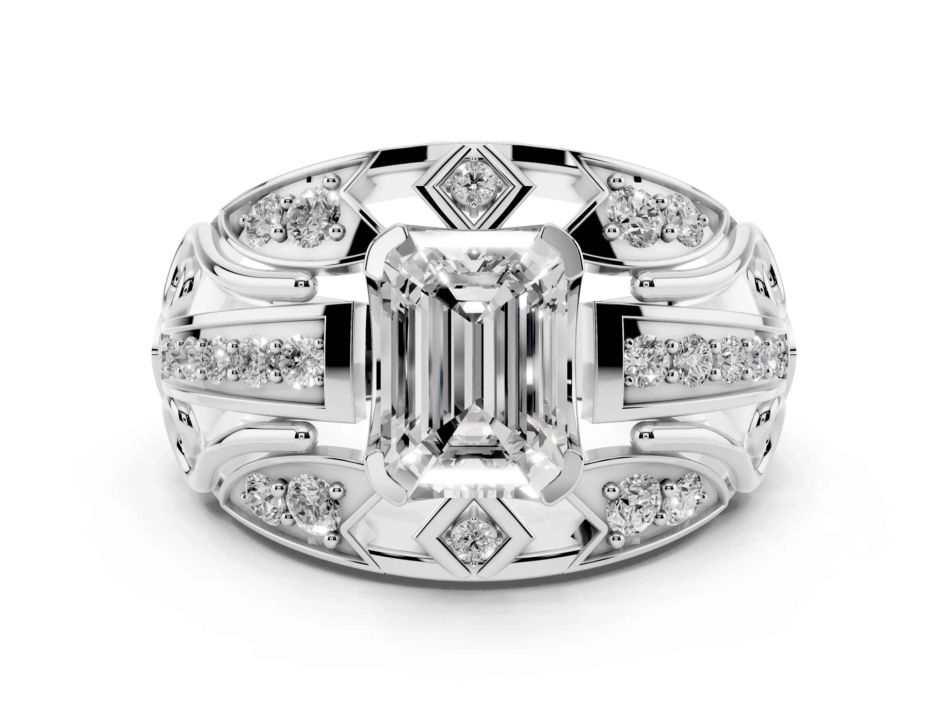 Emerald Cut Diamond Art Deco Ring Set in Platinum with Pavé Split Shank