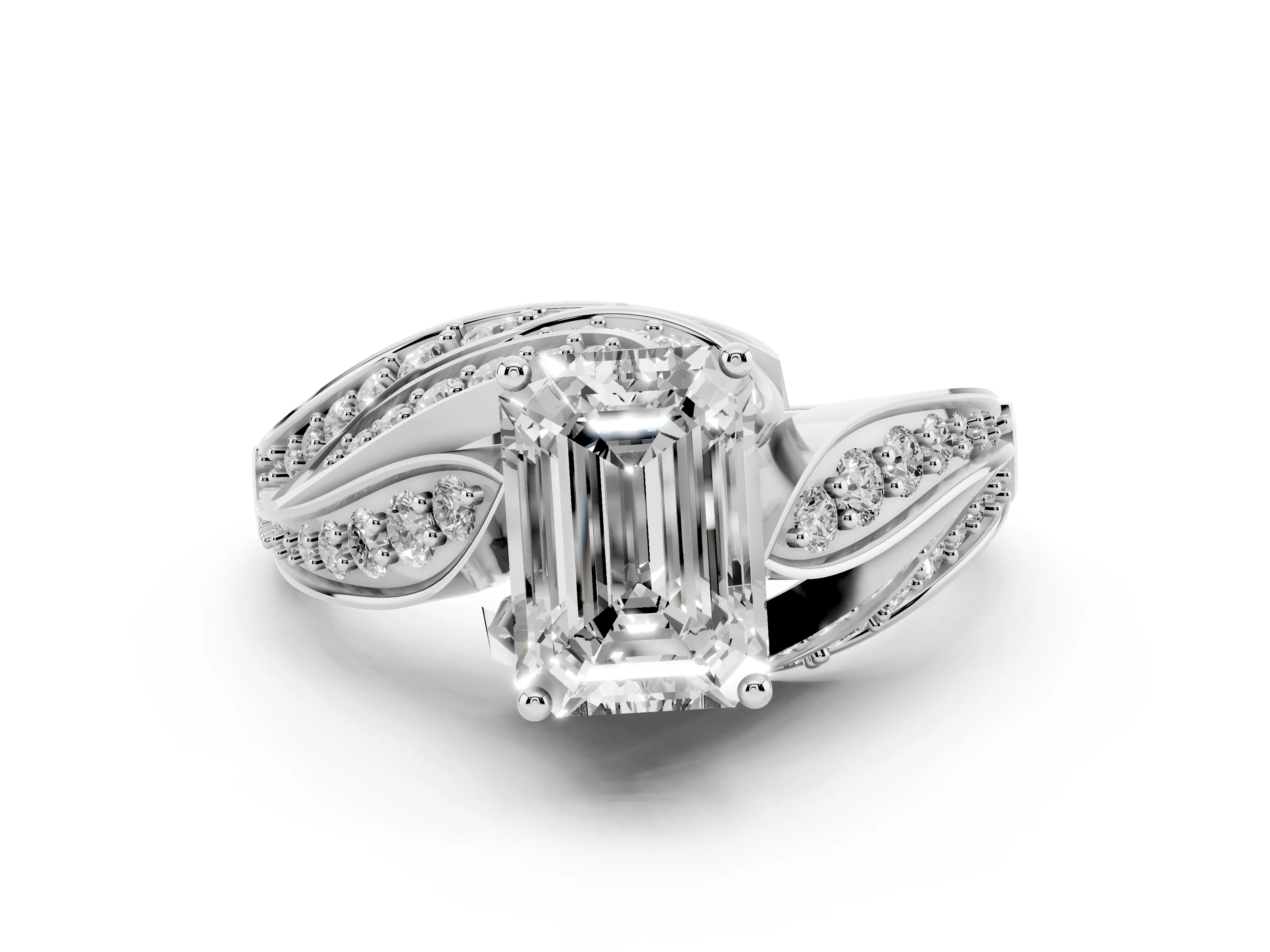 Emerald Cut Diamond Solitaire Ring Set in Platinum with Layered Twist Pavé Band