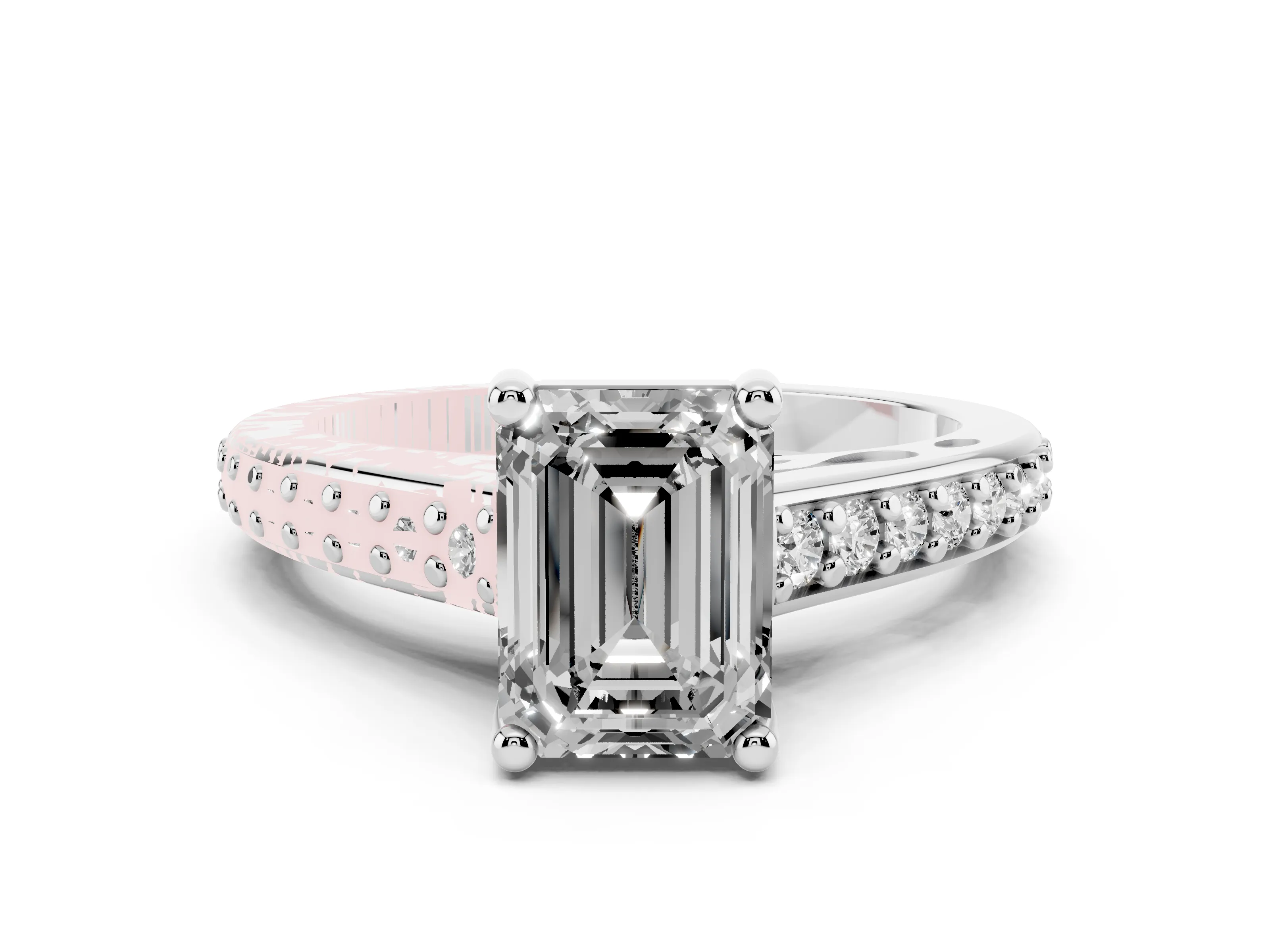 Emerald Cut Diamond Prong Set Solitaire Engagement Ring Set in Platinum with Pavé Band