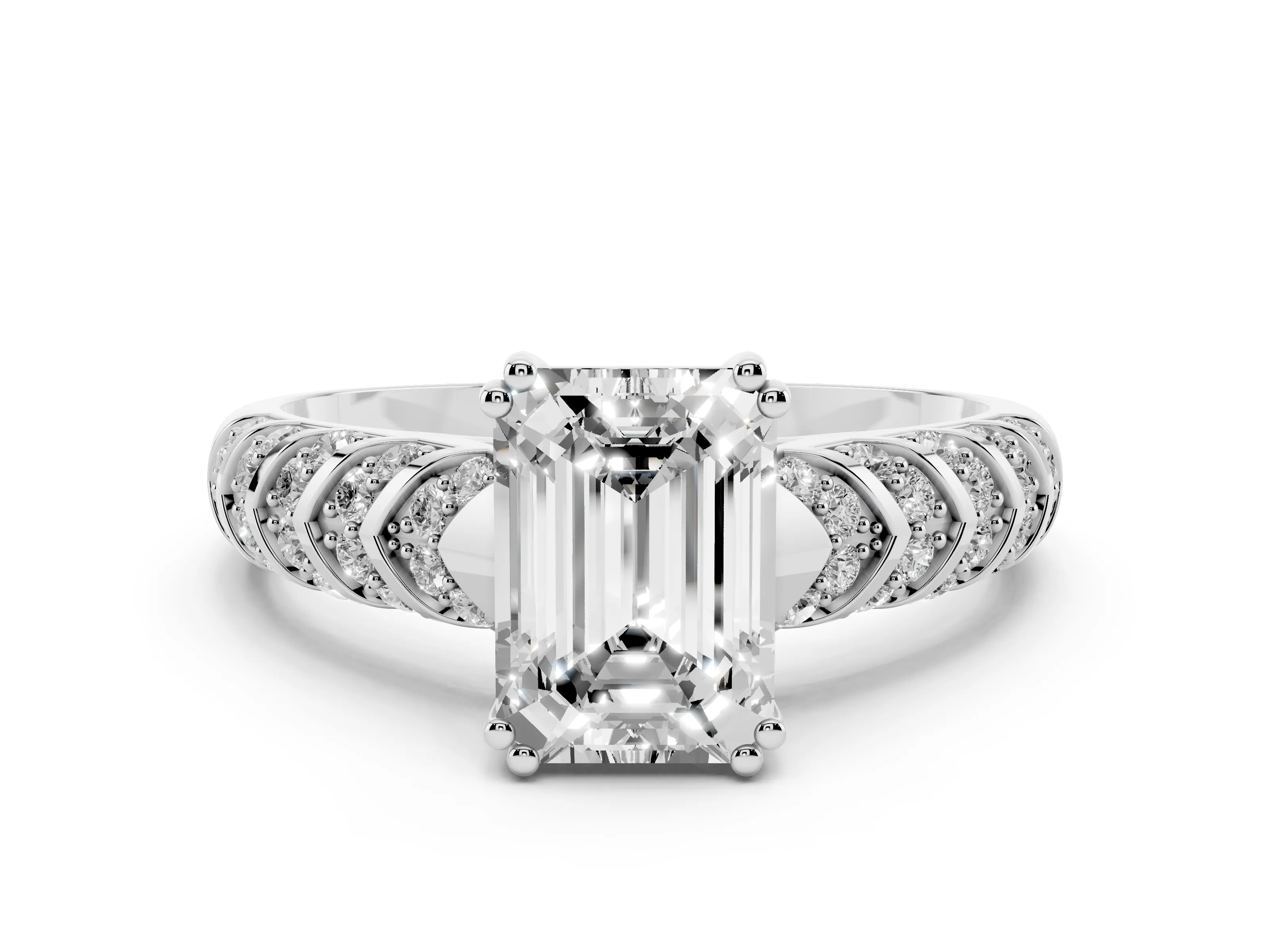 Emerald Cut Diamond Solitaire Chevron Pavé Engagement Ring Set in White gold with Prong Setting