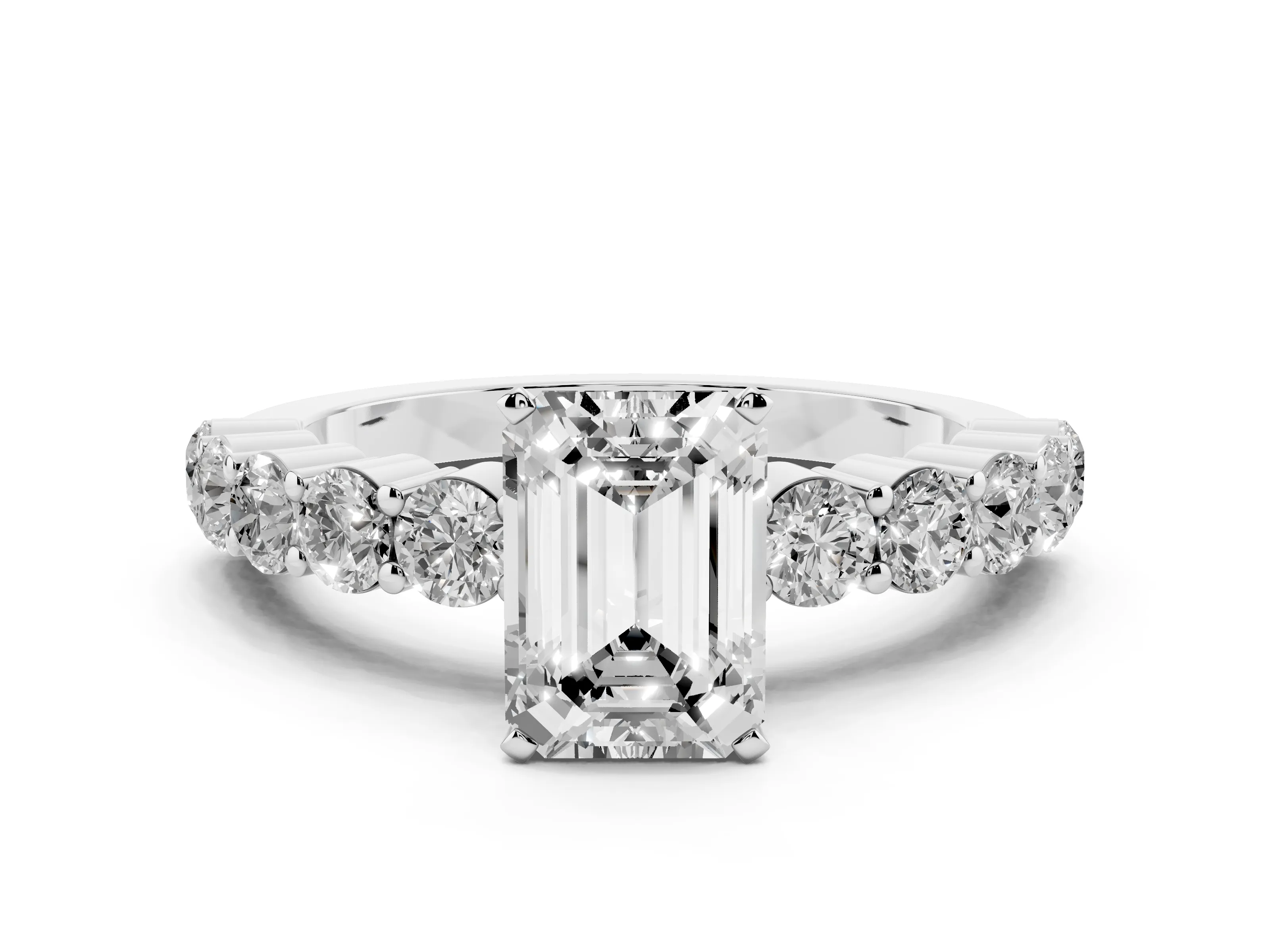 Emerald Cut Diamond Solitaire Ring Set in Platinum with Shared Prong Round Side Stones