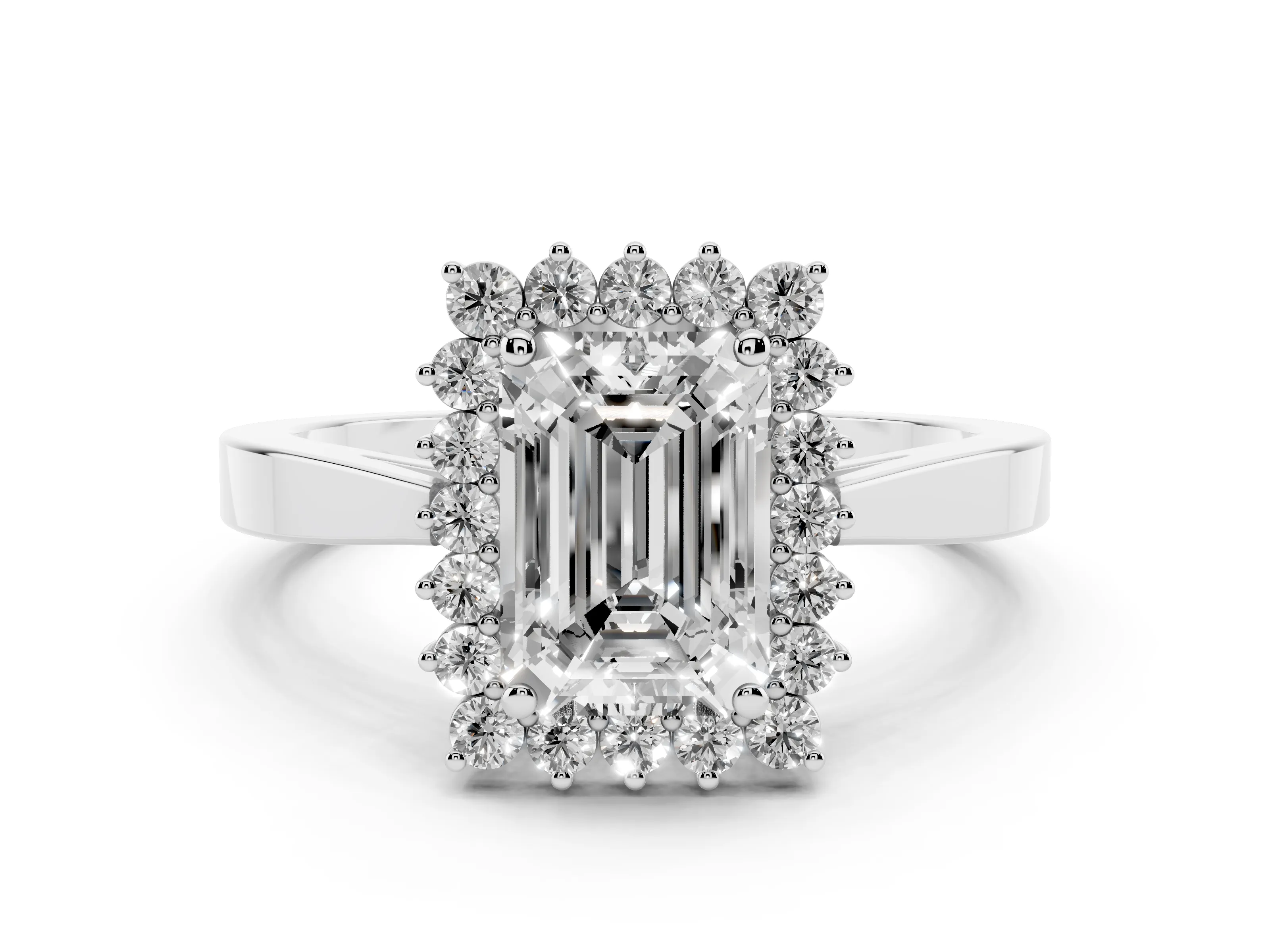 Emerald Cut Diamond Halo Ring Set in White gold with Round Halo and Smooth Solitaire Band