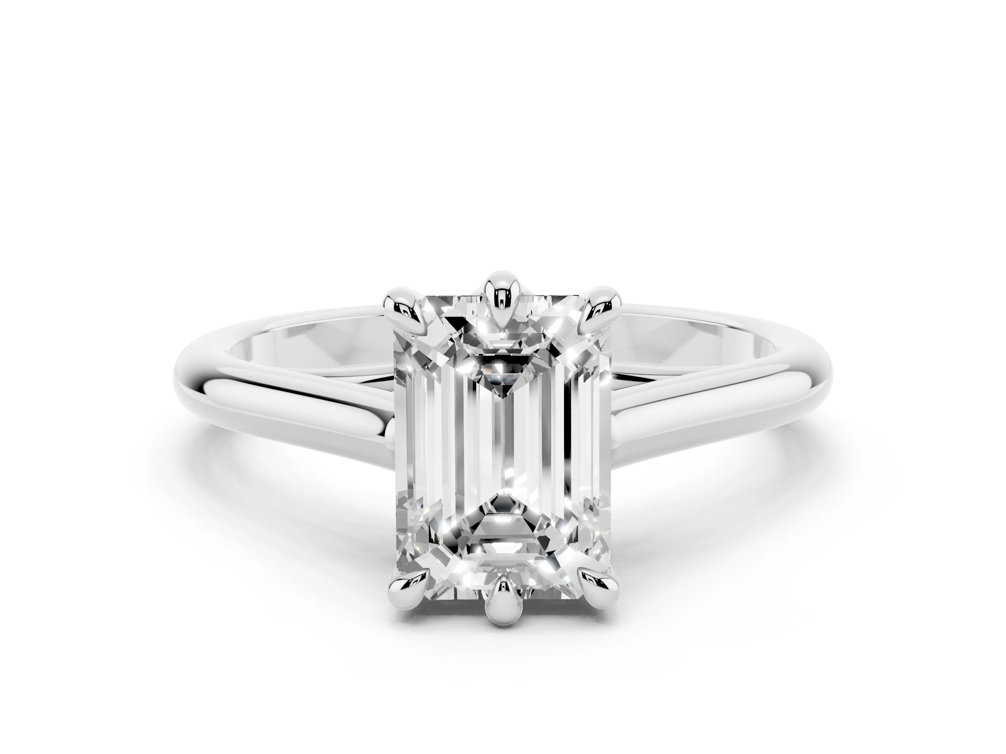 Emerald Cut Diamond Solitaire Engagement Ring Set in Platinum with Prong Setting and Plain Classic Band