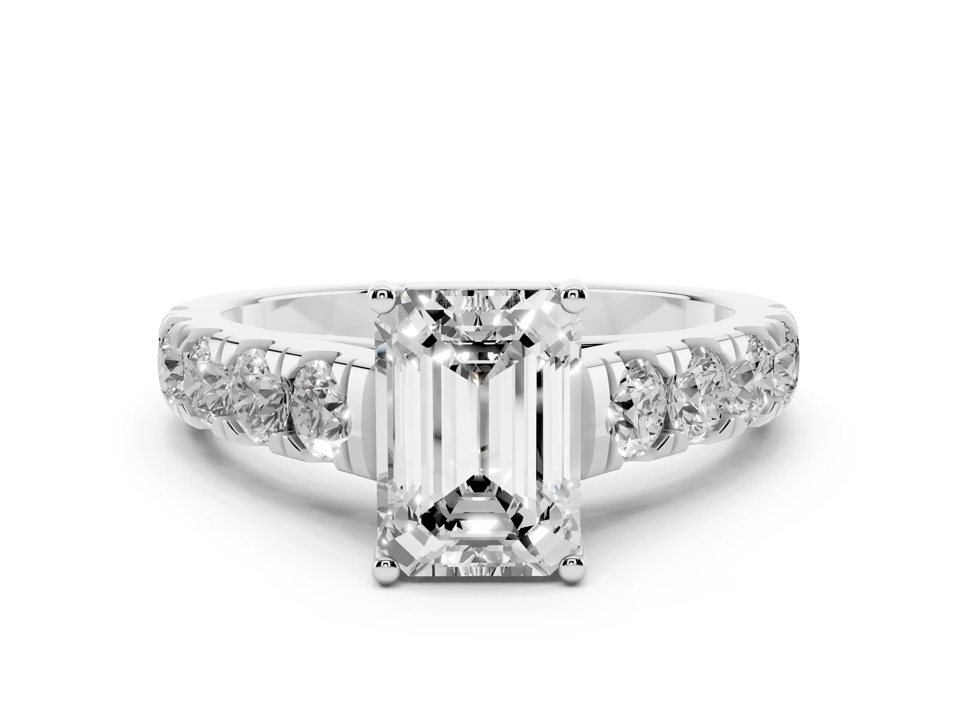 Emerald Cut Diamond Solitaire Ring Set in Platinum with Cut-Down Micro Pavé Band and Prong Setting