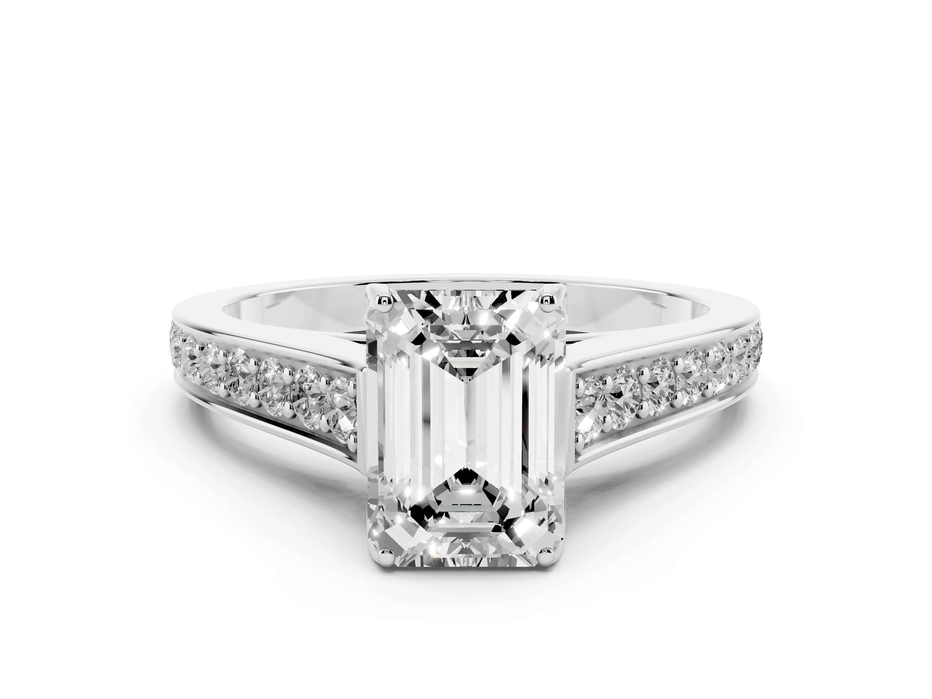 Emerald Cut Diamond Solitaire Pavé Engagement Ring Set in White gold with Prong Setting