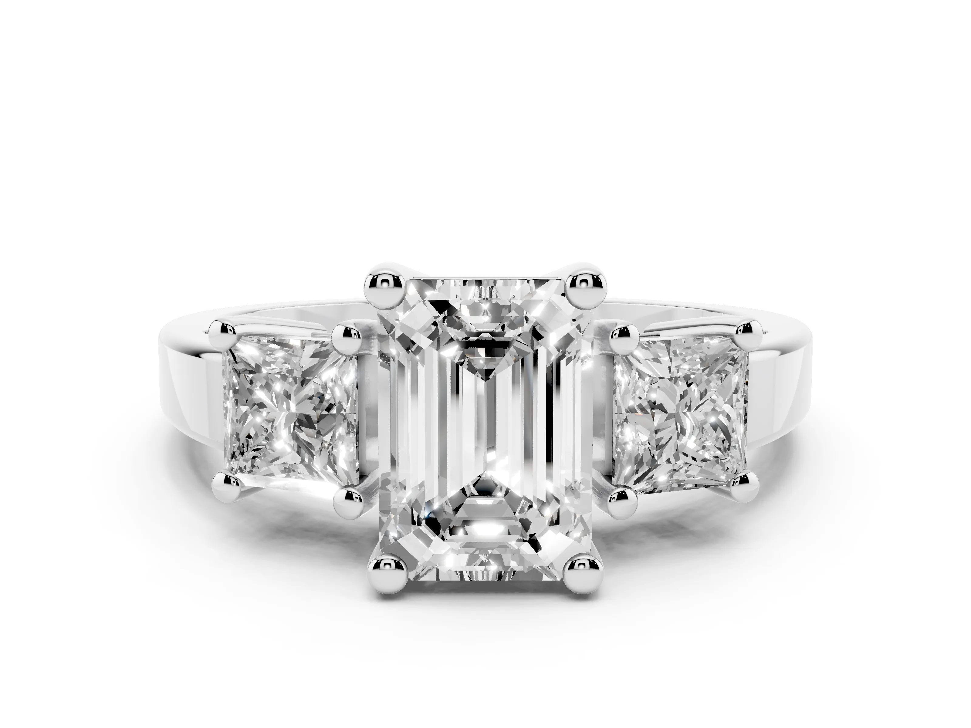 Three-Stone Emerald Cut Diamond Solitaire Ring Set in White gold with Prong Setting