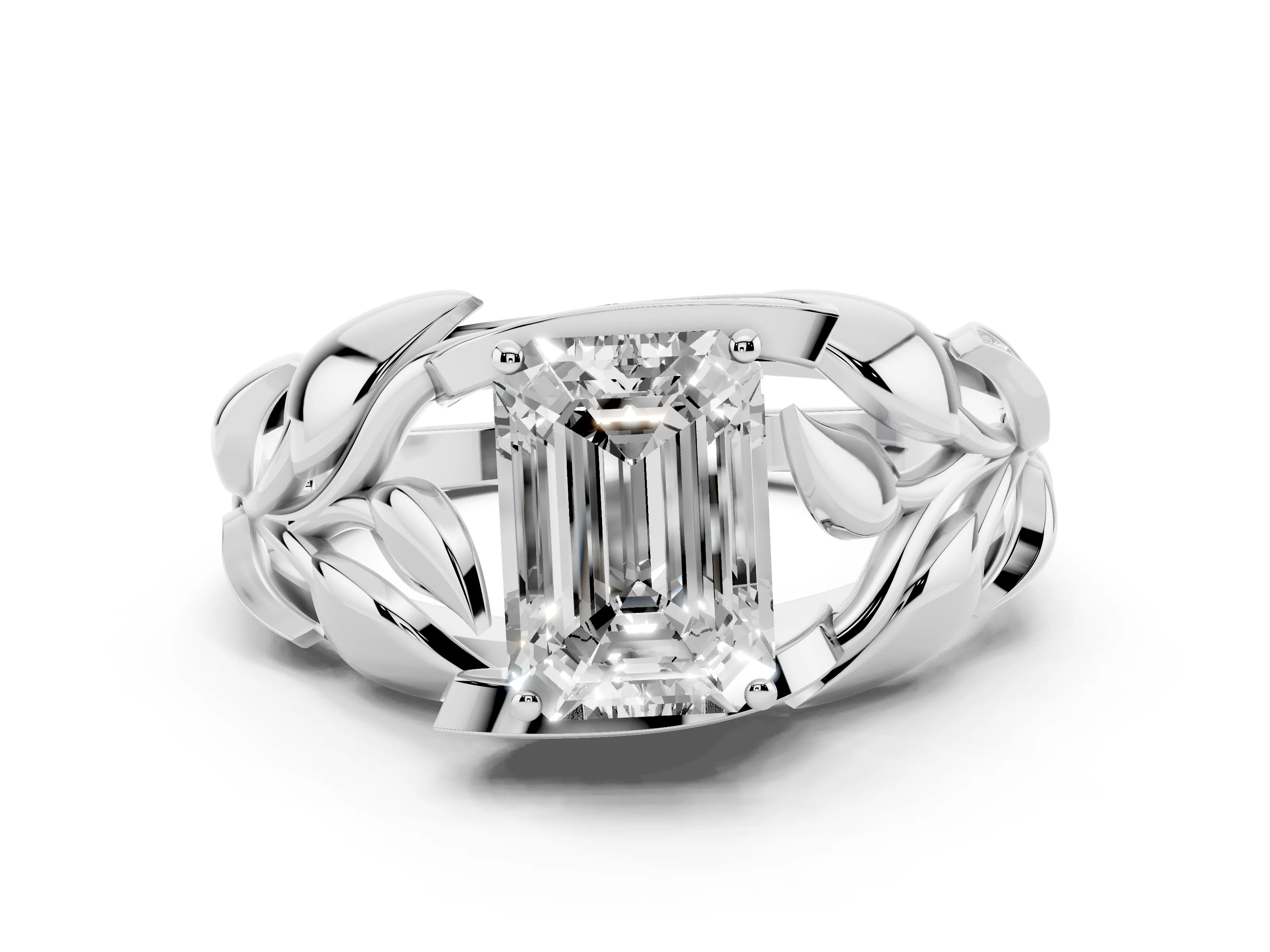 Emerald Cut Diamond Leaf-Inspired Engagement Ring Set in Silver with Round Accents