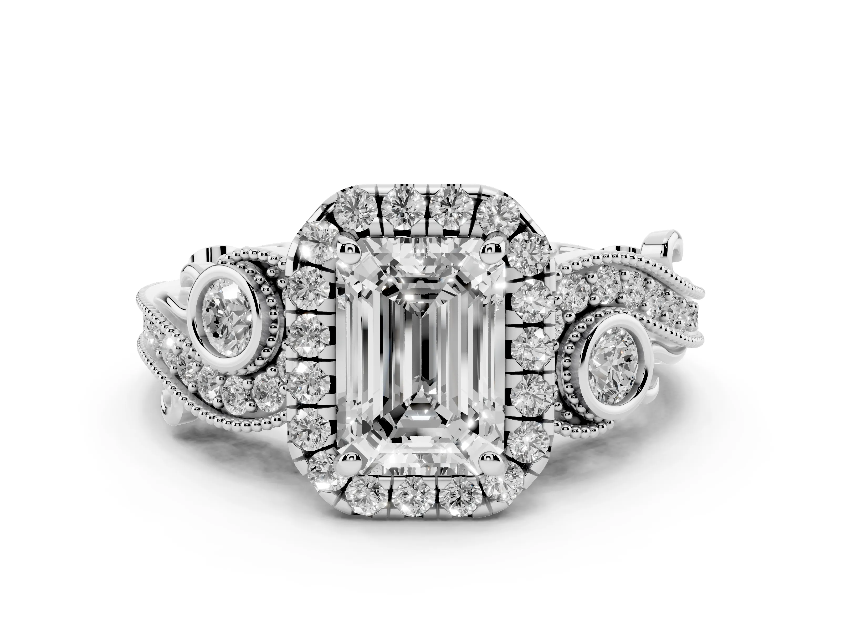 Emerald Cut Diamond Halo Ring Set in White gold with Milgrain Pavé Band and Prong Setting