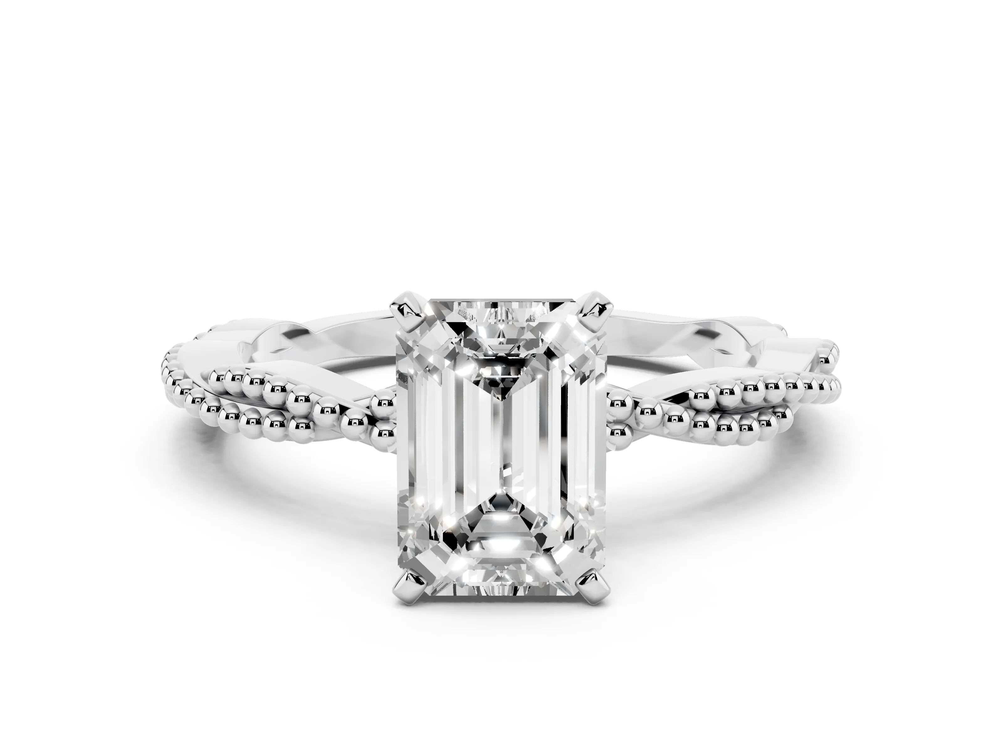 Emerald Cut Diamond Solitaire Ring Set in White gold with Twisted Band and Bead Prong Setting