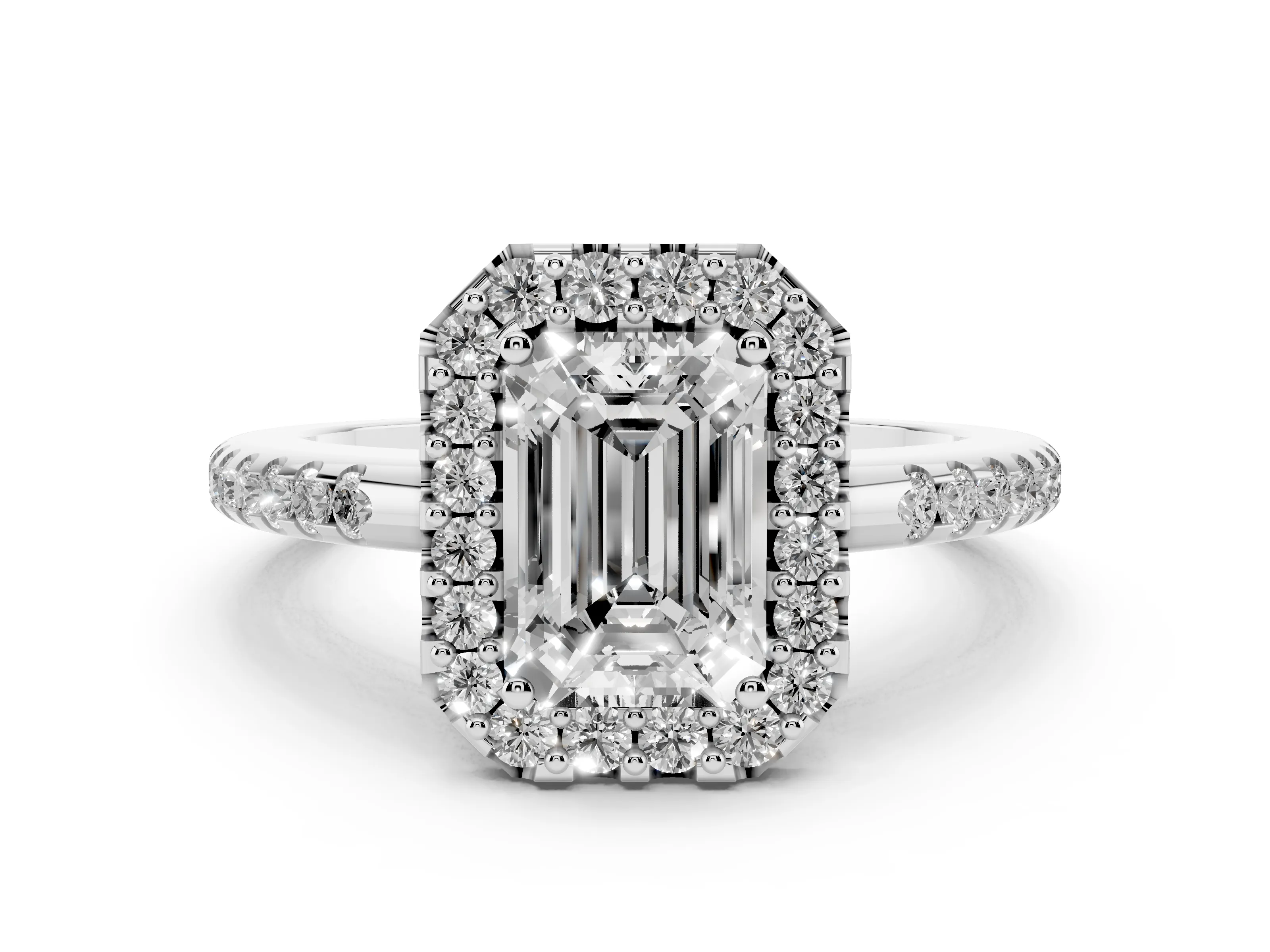 Emerald Cut Diamond Pavé Halo Ring Set in Platinum with Prong Setting