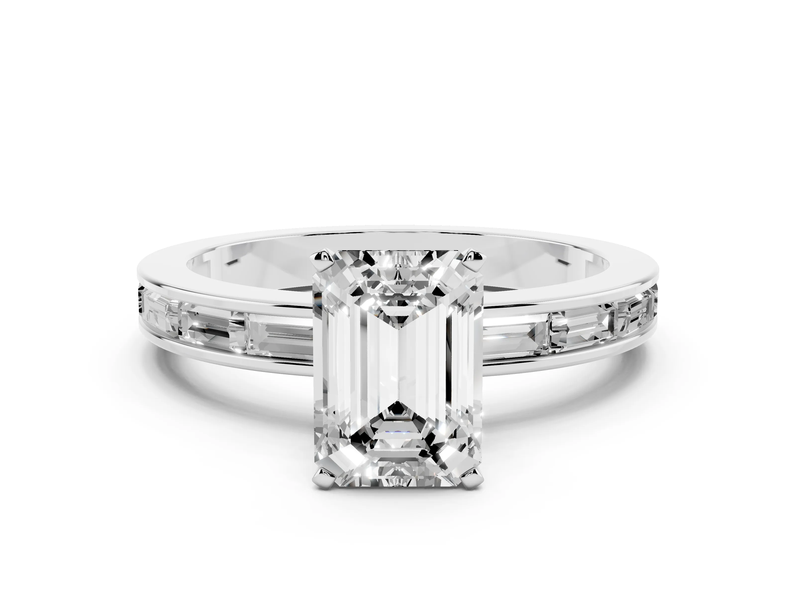 Emerald Cut Diamond Solitaire Ring Set in White gold with Channel-Set Baguette Band and Prong Setting