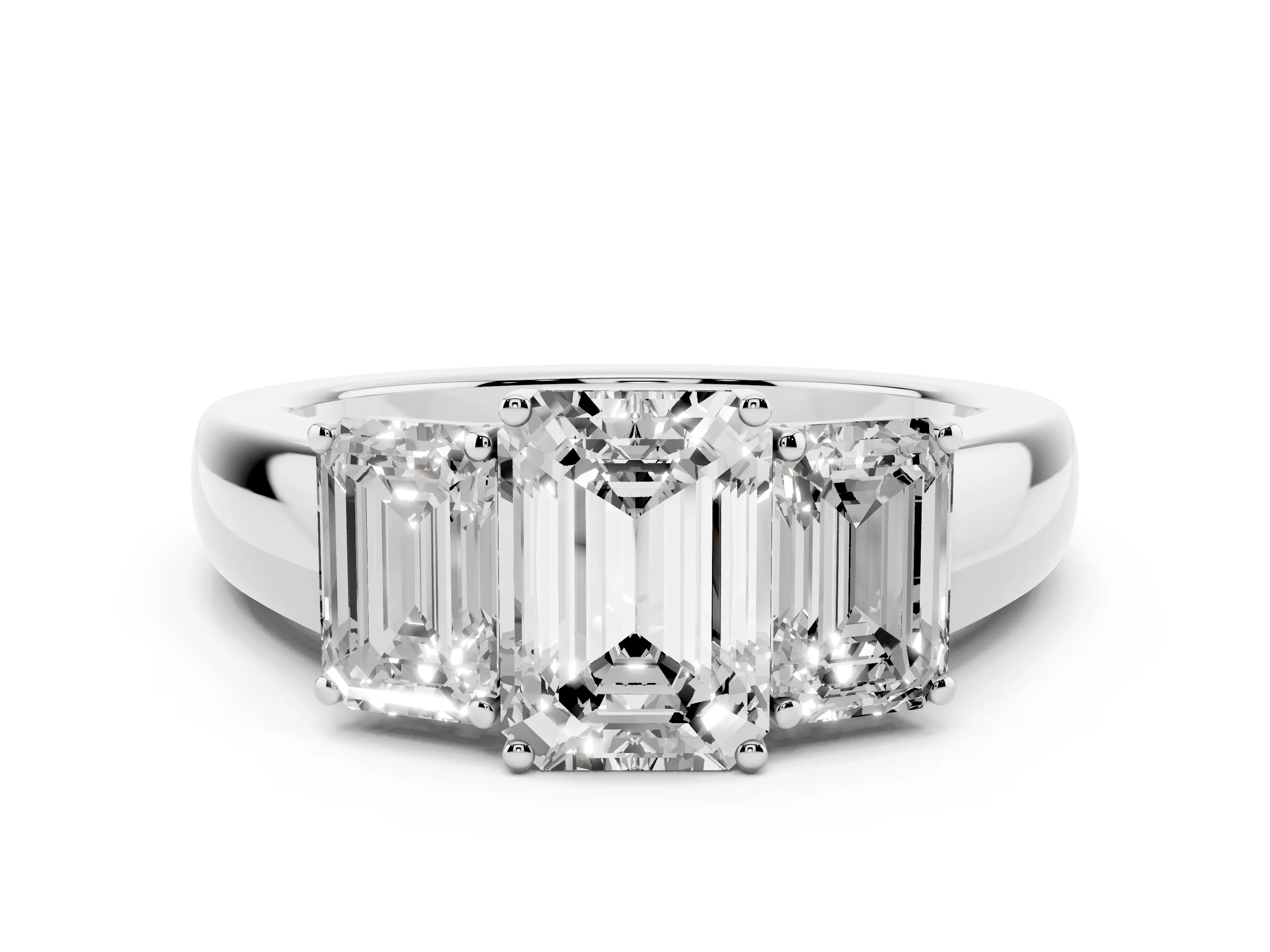 Three-Stone Emerald Cut Diamond Ring Set in White gold with Matching Prong Settings and Plain Band